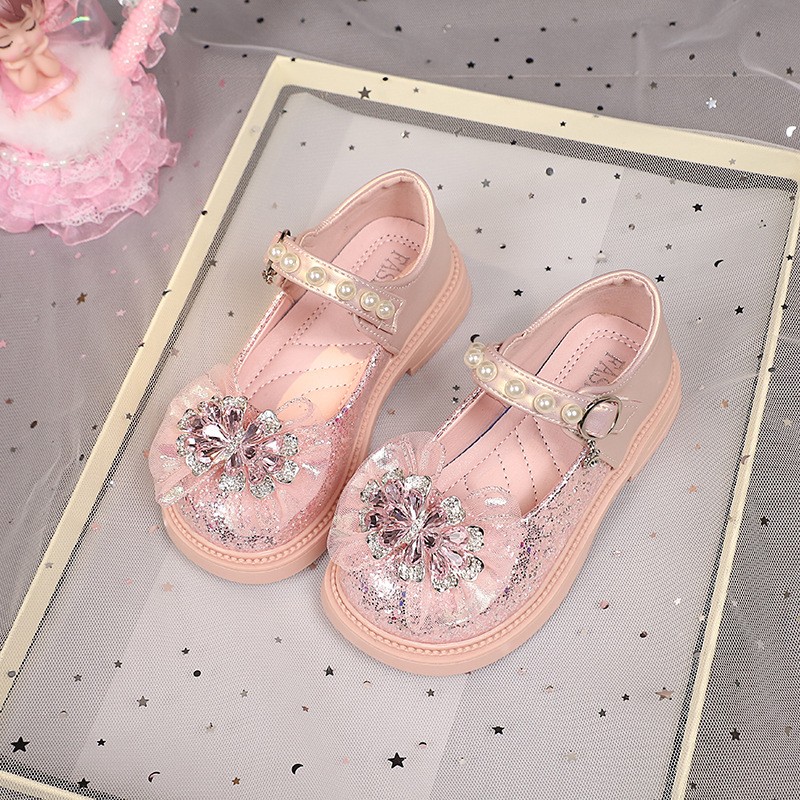 2026 Spring & Autumn New Girls Light-Up Princess Leather Shoes, Elsa Crystal Soft Sole Flat Shoes, Little Girls Pearl Decor Single Shoes photo 3