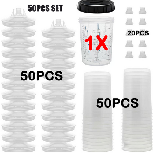 50 Sets Paint Spray Gun Cup Lids Liners Kit  Disposable Paint Spray Gun Cup For Automotive Paint Gun, HVLP Paint Spray Paint Gun, 20 Ounce Kit Paint Mixing Cups - 50 Cup Liners, 50 Lids With Strainer photo 1