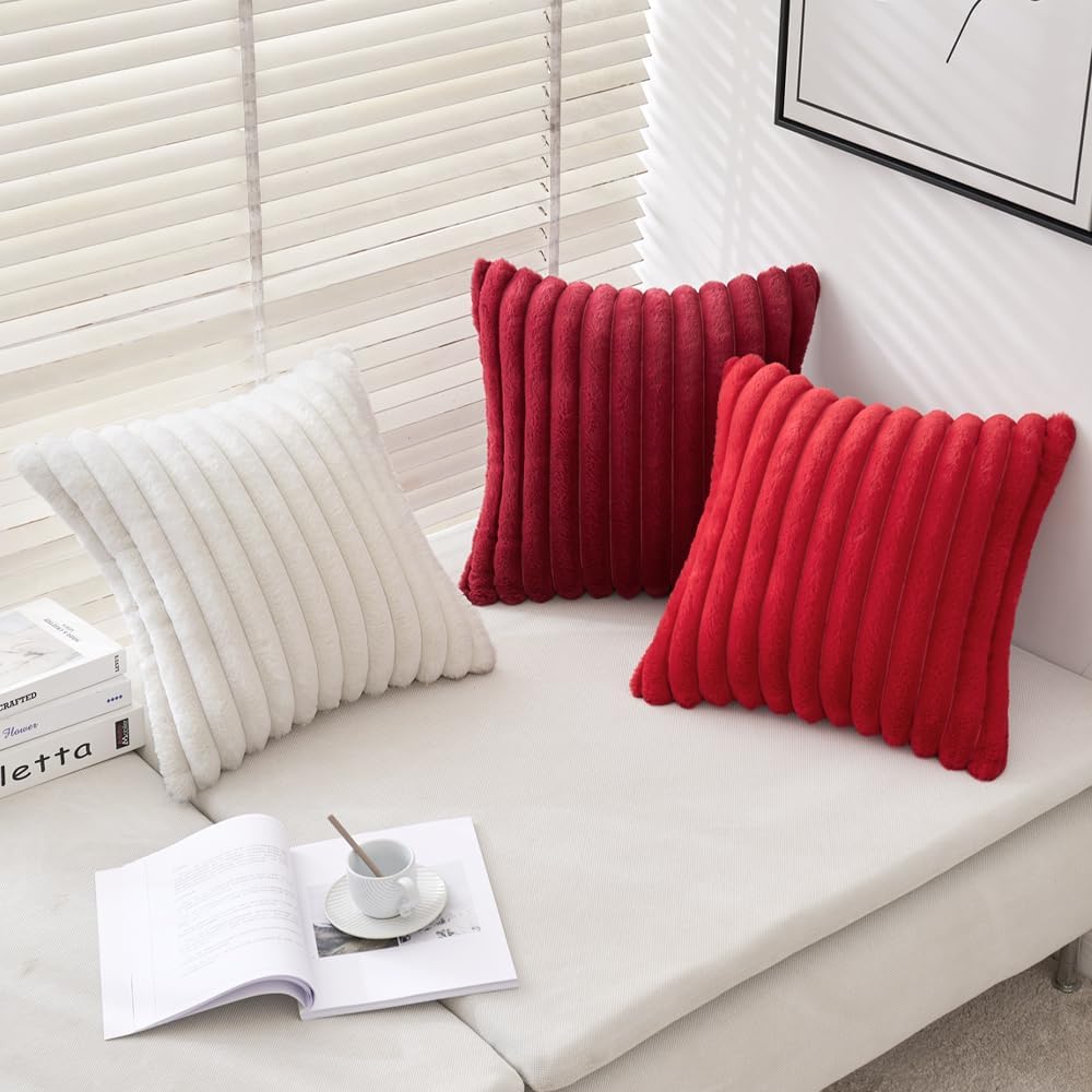 Red Fuzzy Christmas Throw Pillow Covers 2 Units, Striped 18x18 Inch Plush Cushion Cases For Sofa, Couch And Holiday Decor photo 2