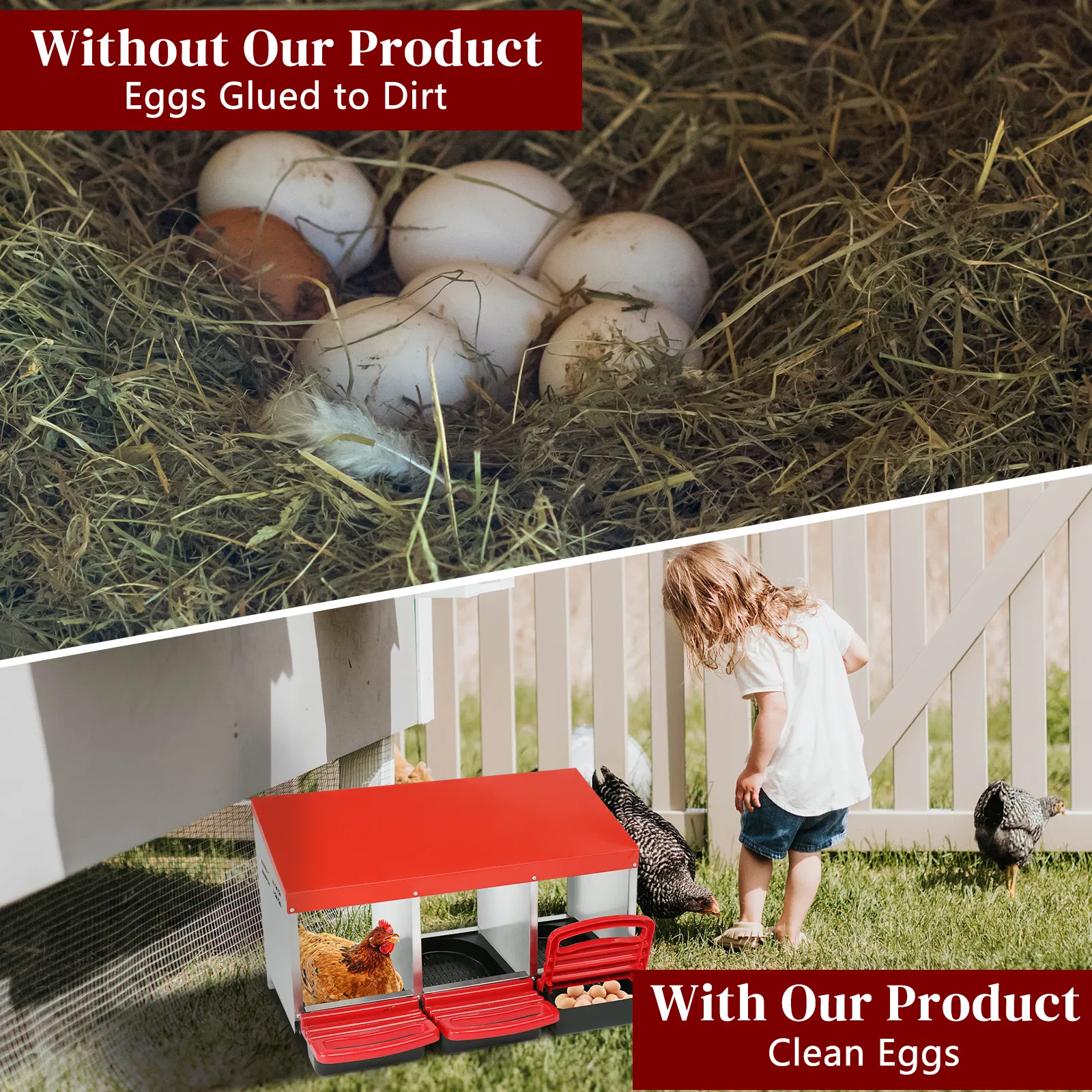 3 Compartment Roll Out Chicken Nesting Box with Plastic Basket, Egg Nest Box Chicken Laying Box Hens Chicken Coop Box, Red photo 1