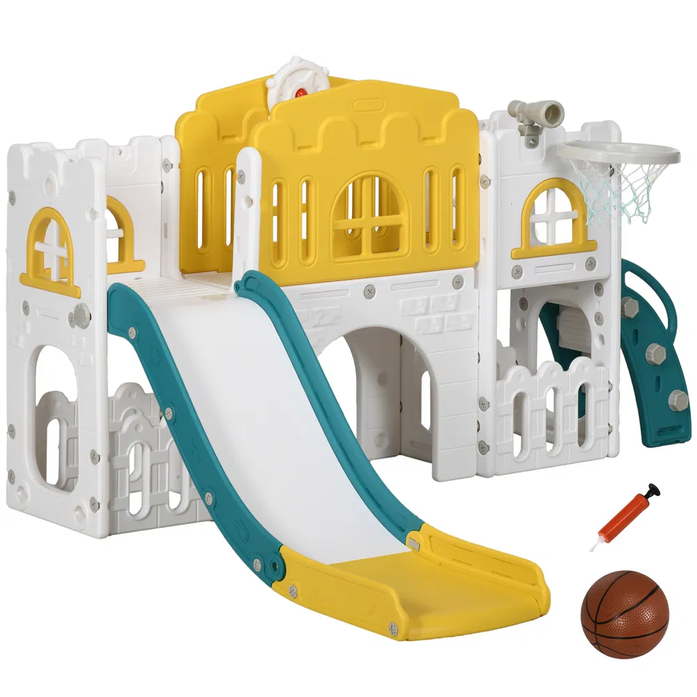 7 in 1 Toddler Slide with Basketball Hoop, Climber, Telescope, Tunnel, Steering Wheel, for 1-3 Years, Yellow photo 7