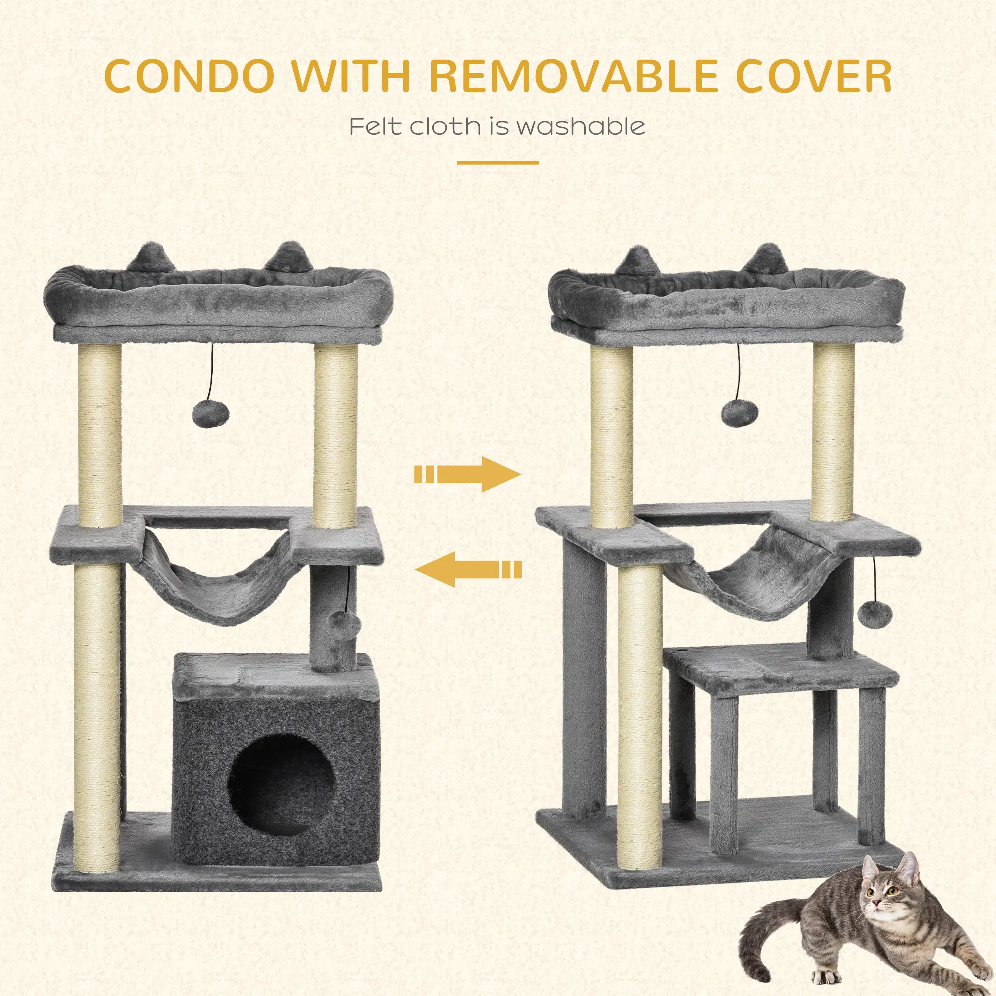 39.25'' Cat Tree Tower Multi-Level Kitten House with Scratching Post Condo Hammock Bed Ball Toy - Gray photo 2