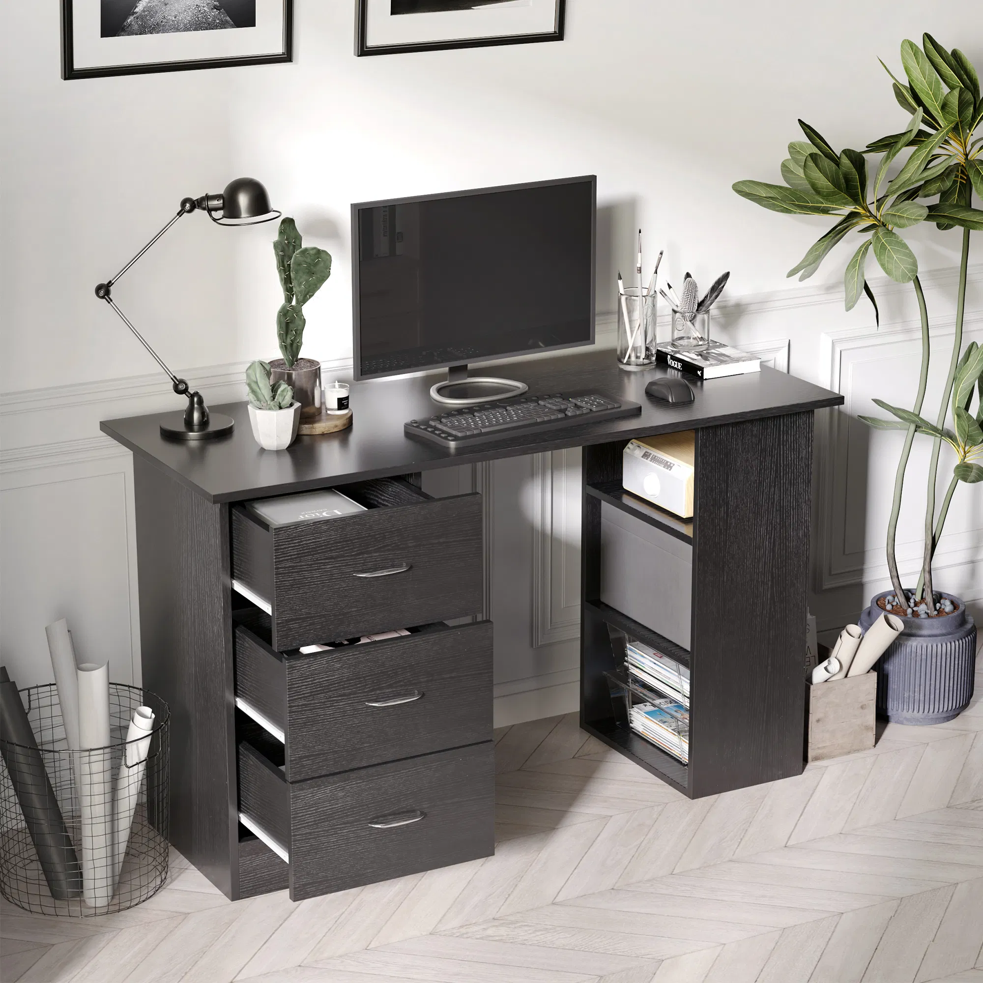 47 Inches Home Office Desk with 3-Tier Storage Shelves, Computer Desk with Drawers, Study Writing Table, Black photo 3