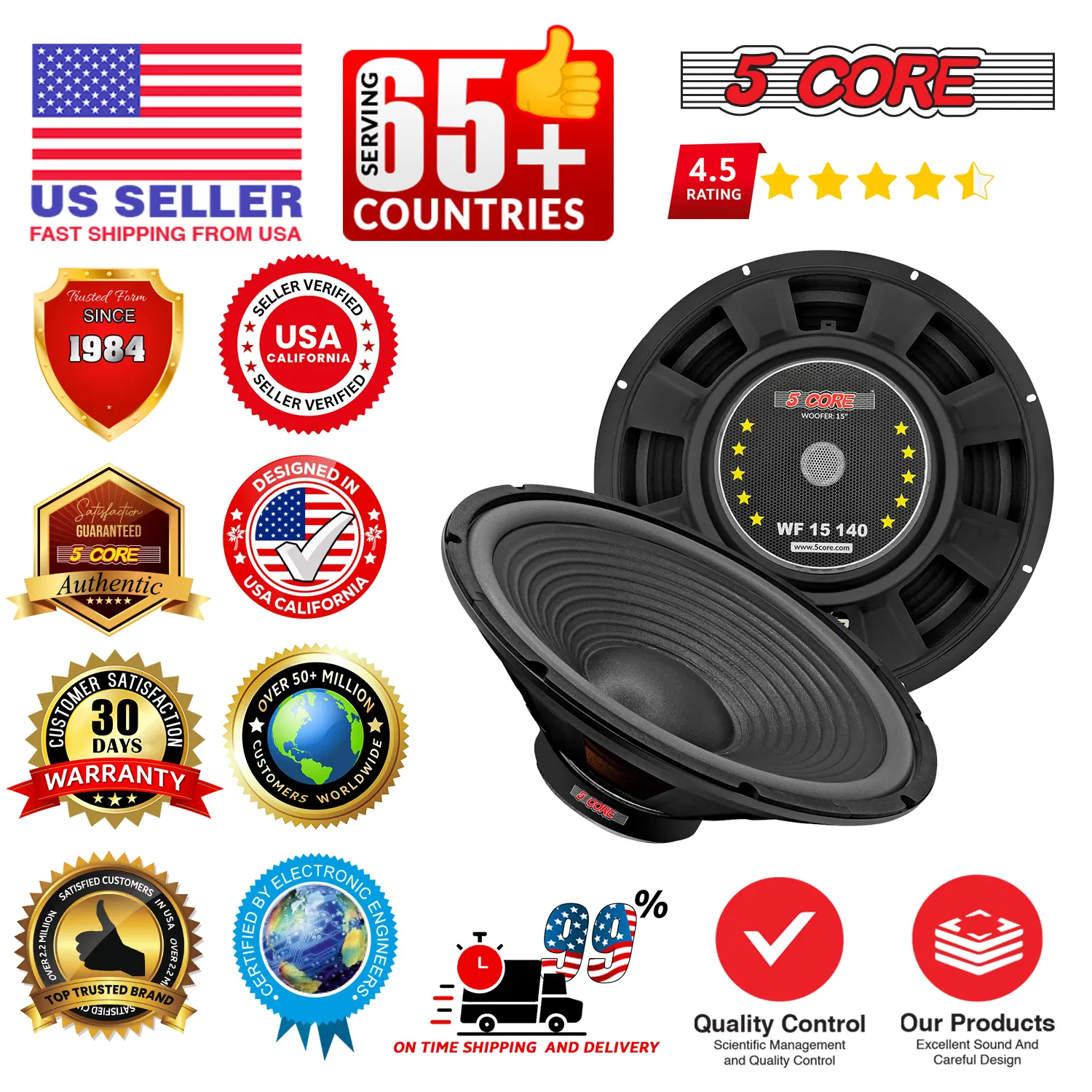 5 Core 15" Subwoofer Speaker Pair 450W MAX PA DJ Replacement Audio Sub Woofer 8Ohm Bass Driver photo 8