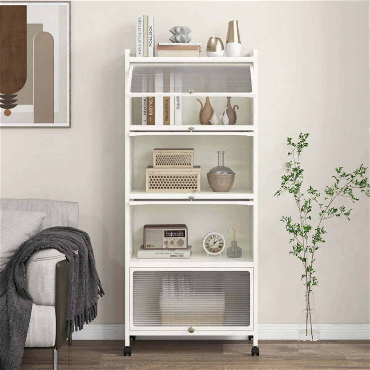 5-Tier Rolling Microwave Stand Flip Dust-Proof Doors 4 Casters with Brakes Kitchen Storage Rack White photo 6