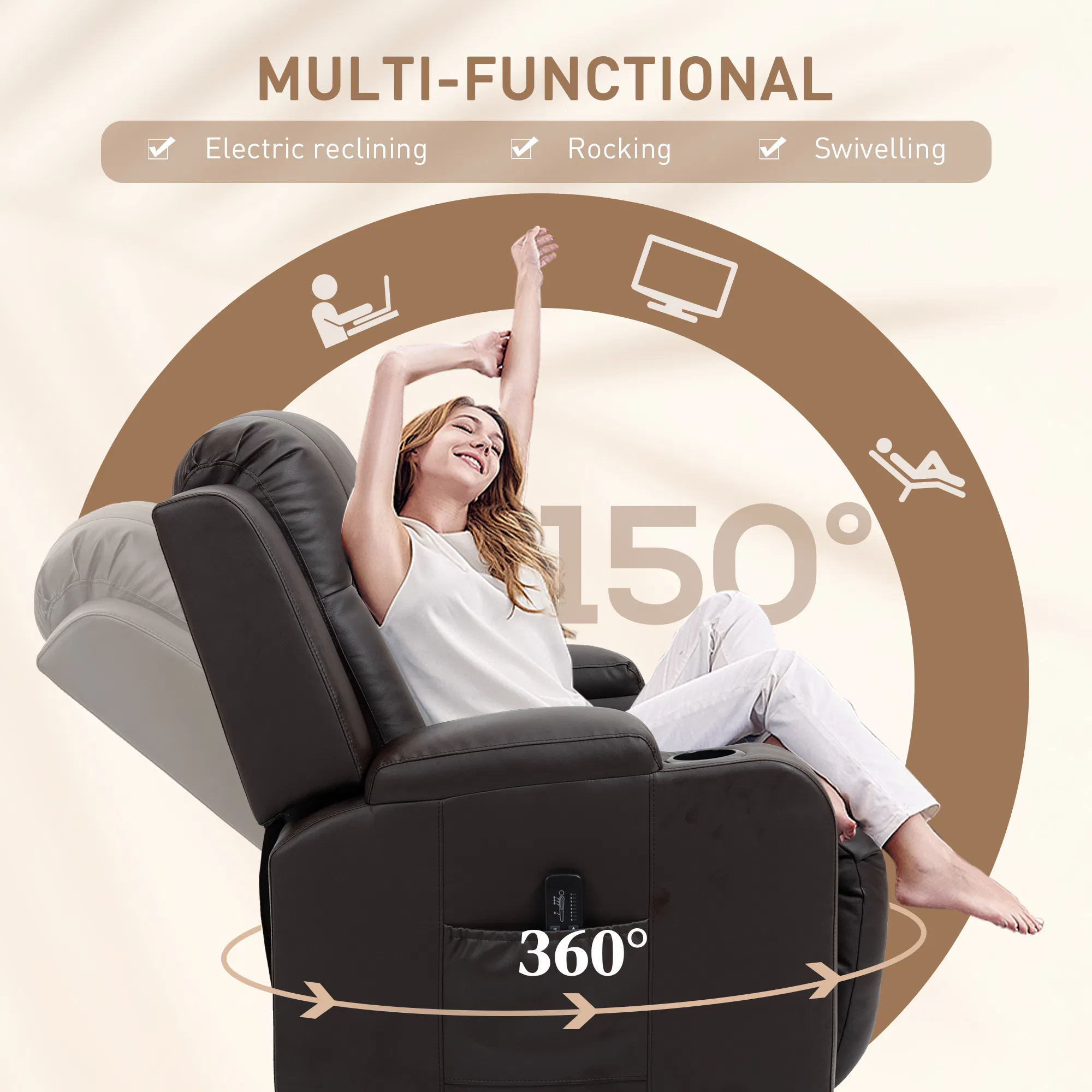 Swivel Massage Recliner Chair Rocker, Overstuffed Manual Reclining Sofa, PU Leather Rocking Chair with Side Pockets, Cup Holders, for Living Room, Nursery, Brown photo 6