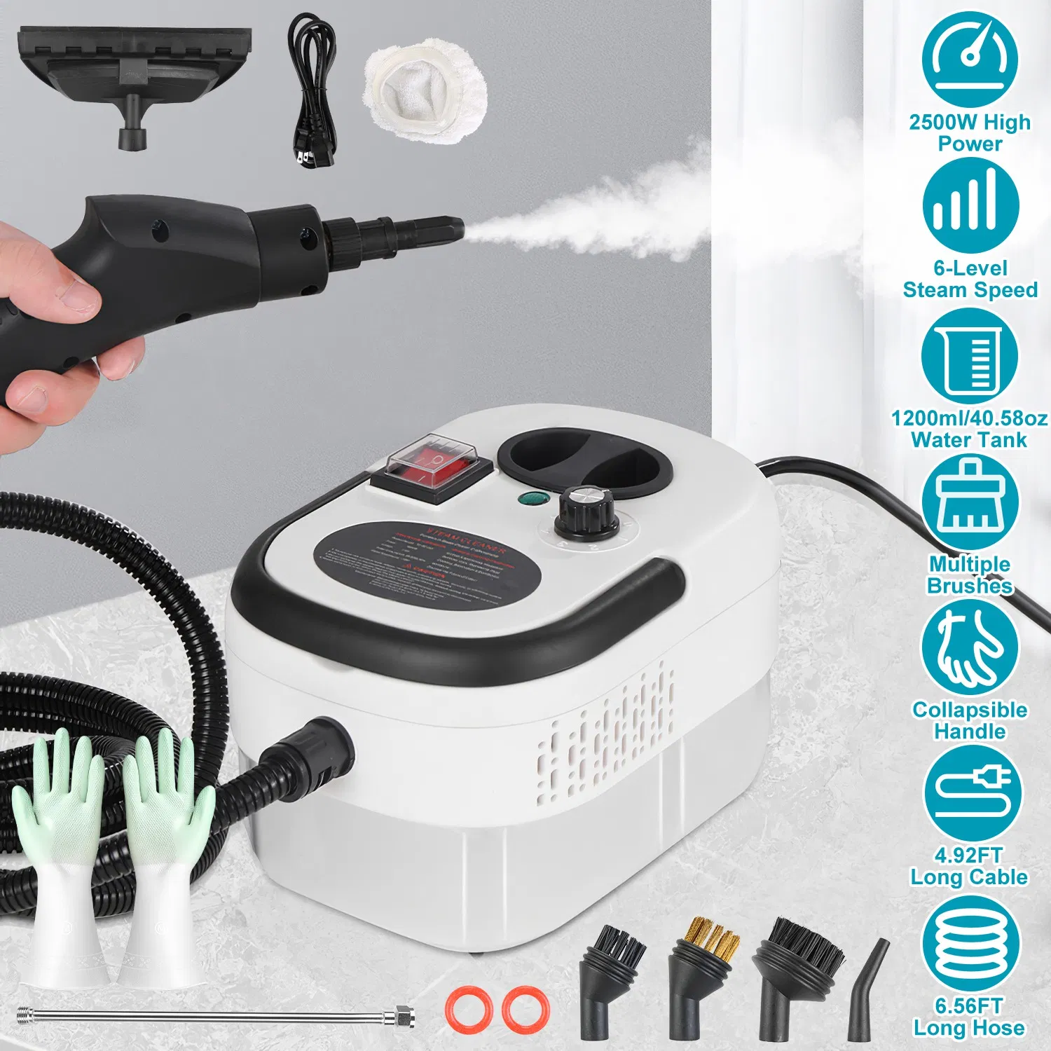 1200ml Tank Steam Cleaner 2500W 3 Bar Hot Steam Output 6 Adjustable Speeds, Complete Multi Function Cleaning Tool Set Foldable Handle Extended Hose Cord for Indoor Auto Surface Maintenance photo 6