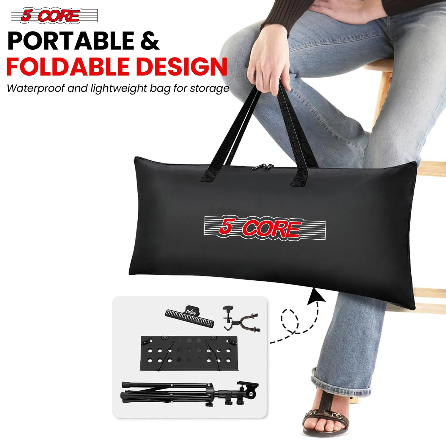 5 Core Music Stand For Sheet Music Height Adjustable Portable Folding Atril Para Partituras w Light Clip for Guitar Players Violinists Cellists Pianists photo 8