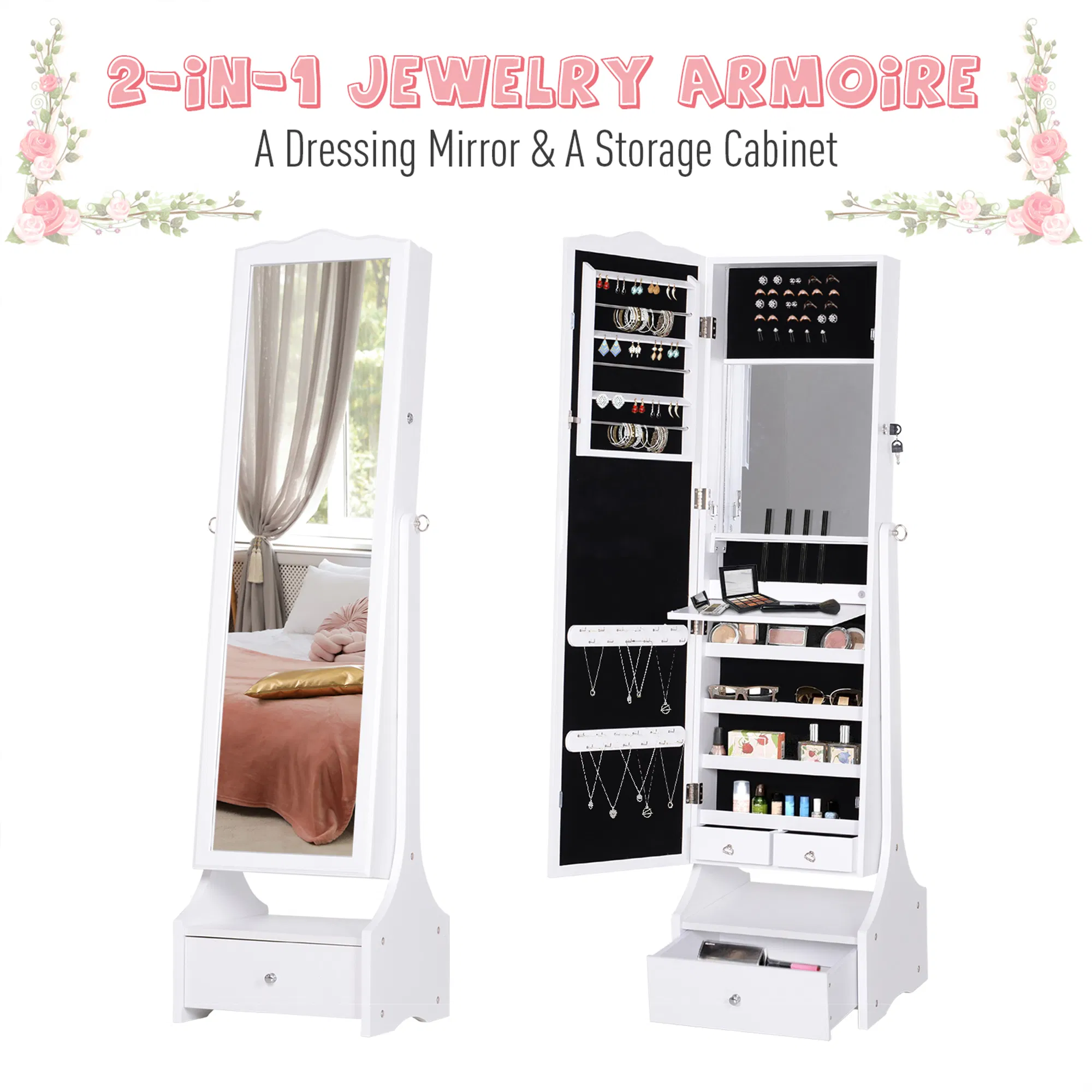 Standing Jewelry Armoire: With LED Lights, Full-Length Mirror, Adjustable Angle, White photo 5