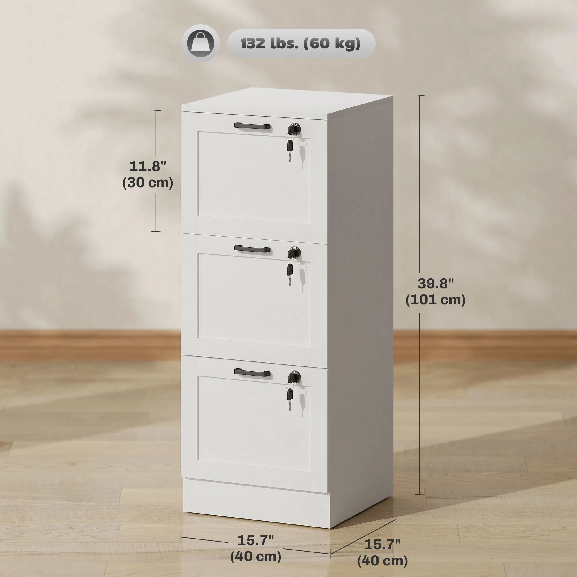 Vertical Filing Cabinet with 3 Drawers, Lock, File Cabinet for Home Office, A4 and Letter Size Files, White photo 2