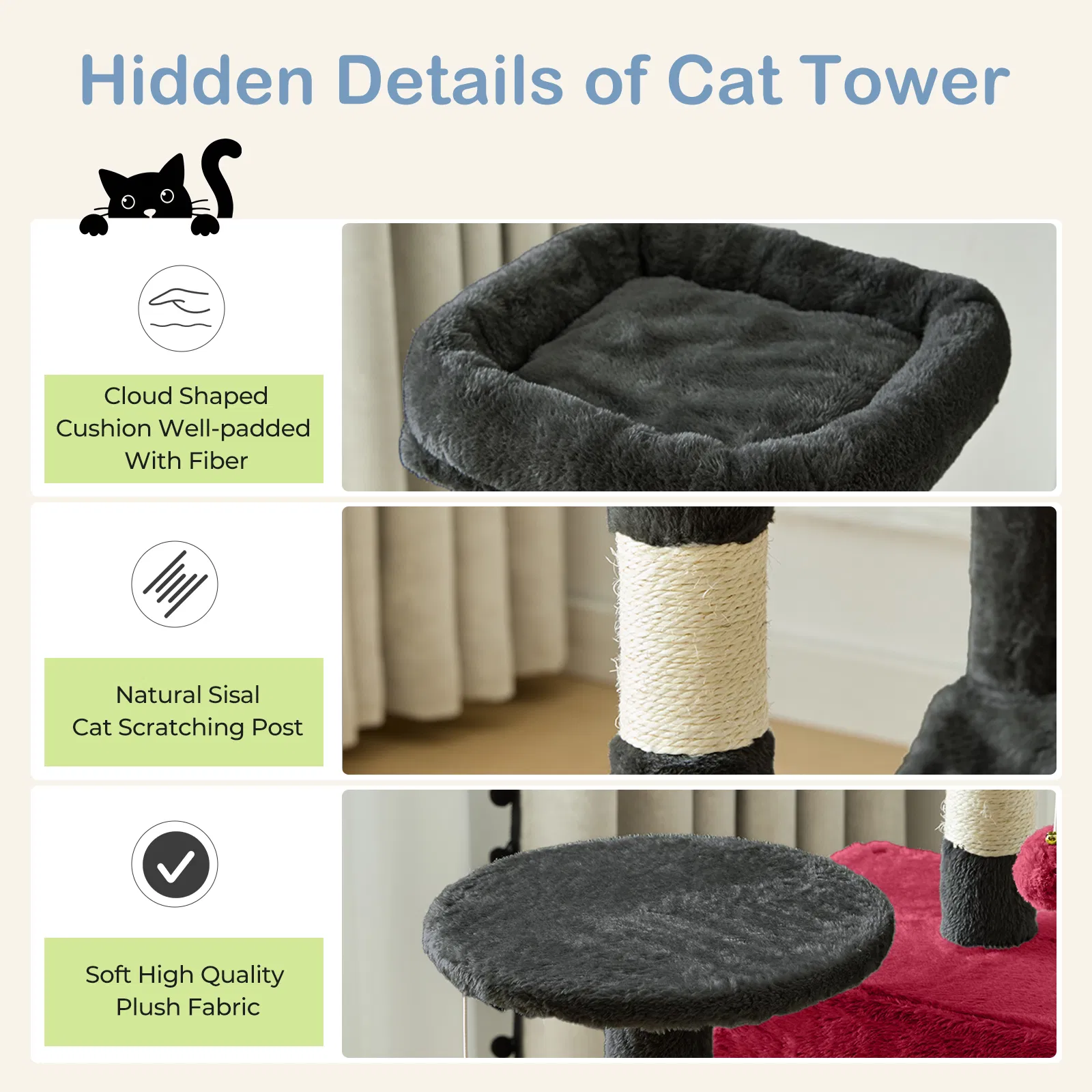 44 inch Cat Tree Tower, Multi-Cat Climbing Tower with, Natural Sisal Scratching Posts, Extended Platform, Hammock photo 3