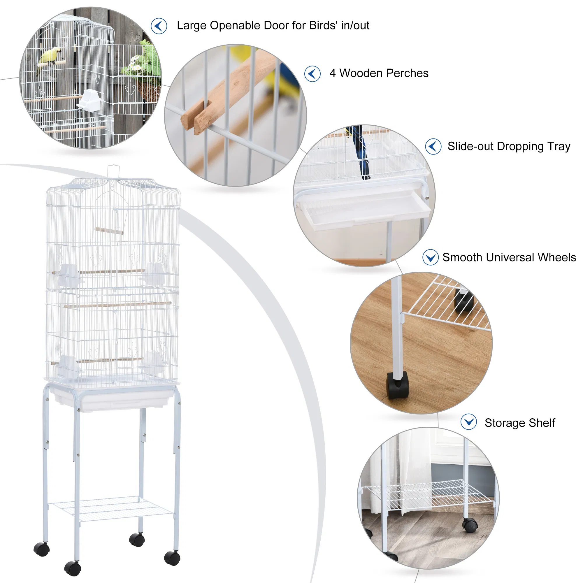 62" Rolling Bird Cage Cockatoo House Play Top Finch Pet Supply with Storage Shelf, Wheels - White photo 3