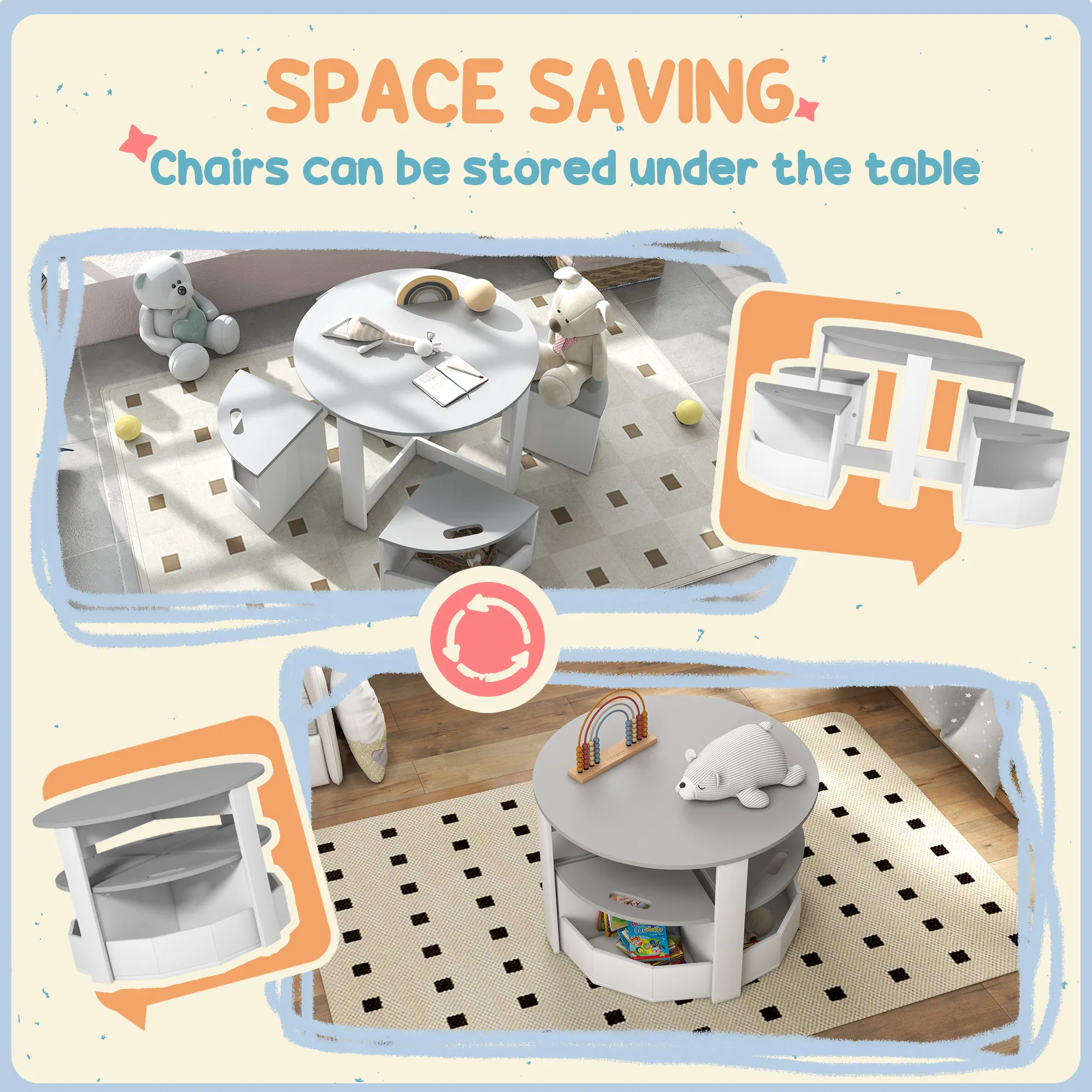 5 Piece Kids Table and Chair Set with Storage for Kids Room, Grey photo 5