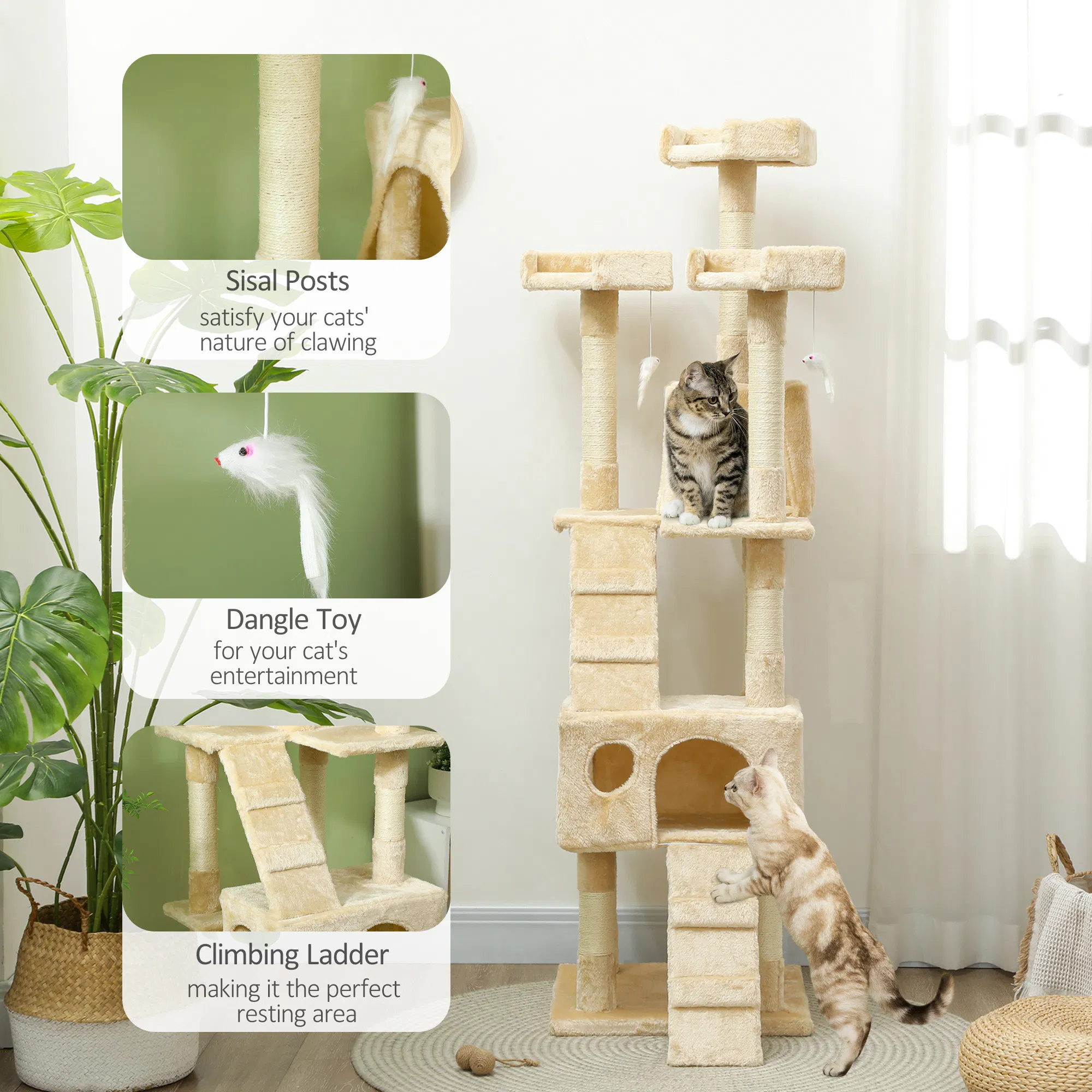 68-inch Multi-Level Cat Scratching Tree Kitty Activity Center Post Tower Condo Pet Furniture w/ Toy Beige photo 5