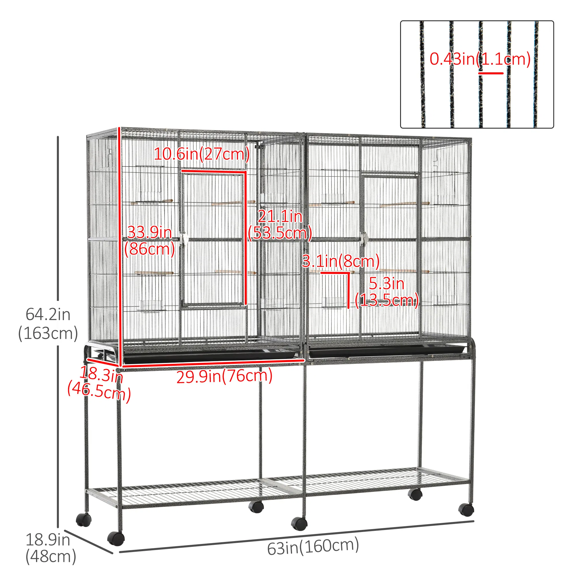 64" Extra Large Bird Cage, Rolling Metal Parrot Cage, Bird House with Detachable Rolling Stand, Storage Shelf, Wood Perch, Food Container, 62.8" x 18.9" x 64.2" photo 5
