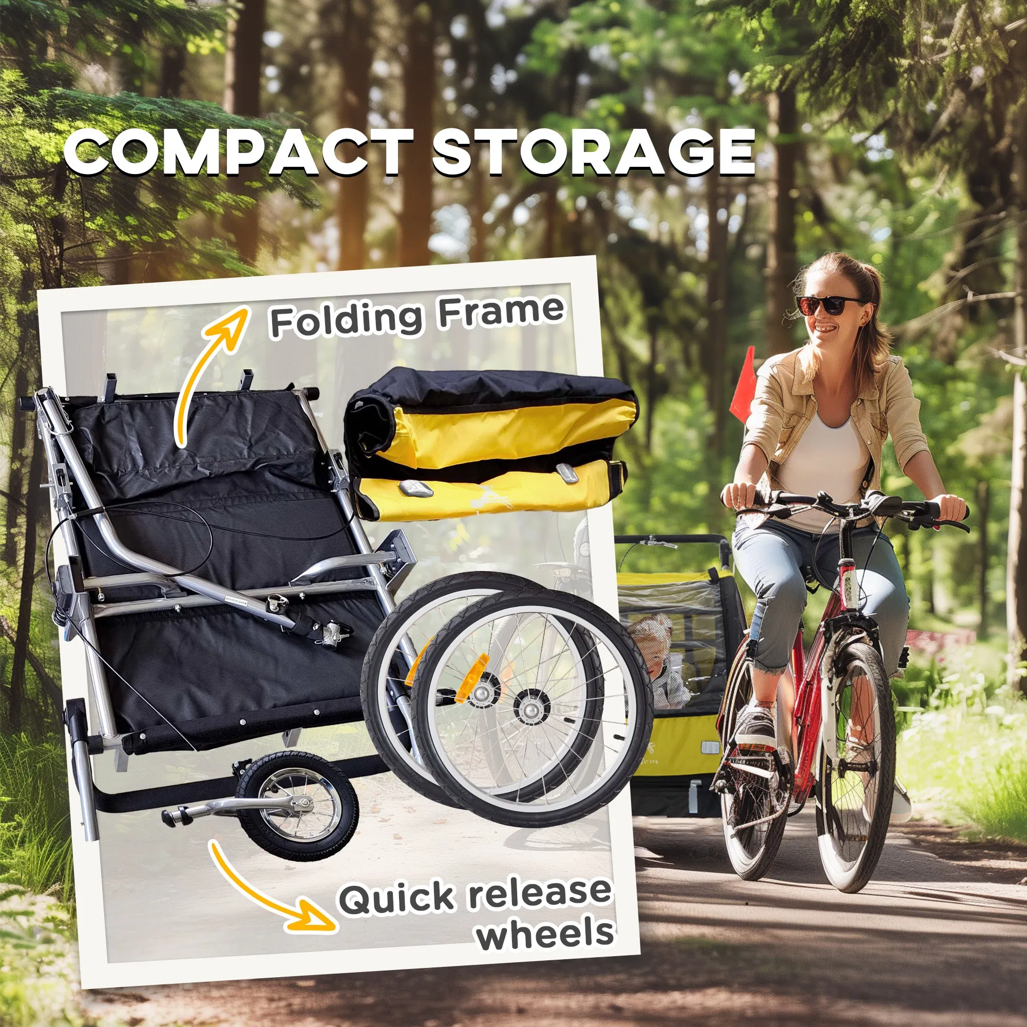 2-in-1 Bike Trailer for Kids, Foldable 2-Seat Baby Stroller with 5-Point Harness, Rubber Wheels, Storage Bag, Yellow photo 6