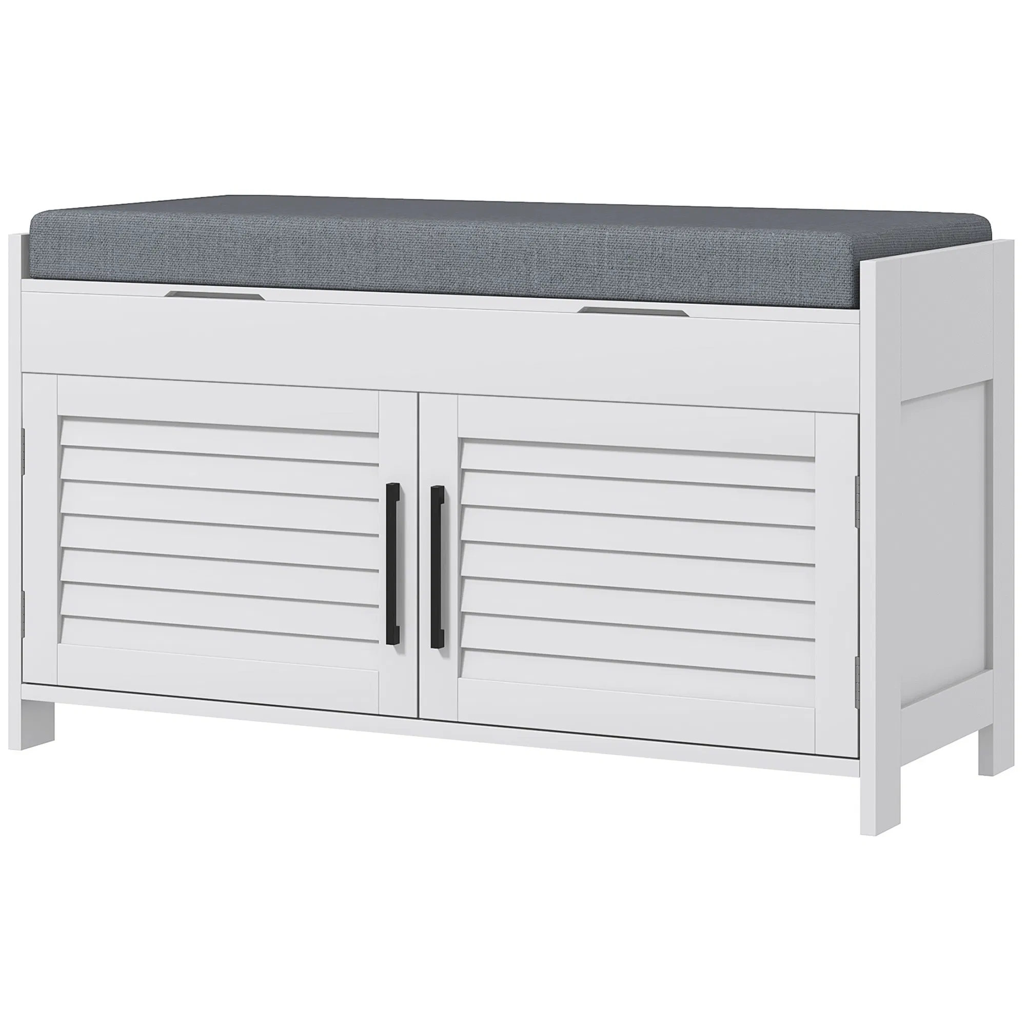 Entryway Bench with Cushion, Hidden Storage, Adjustable Shelves and Shutter Doors, 35.4" Shoe Bench, White photo 1