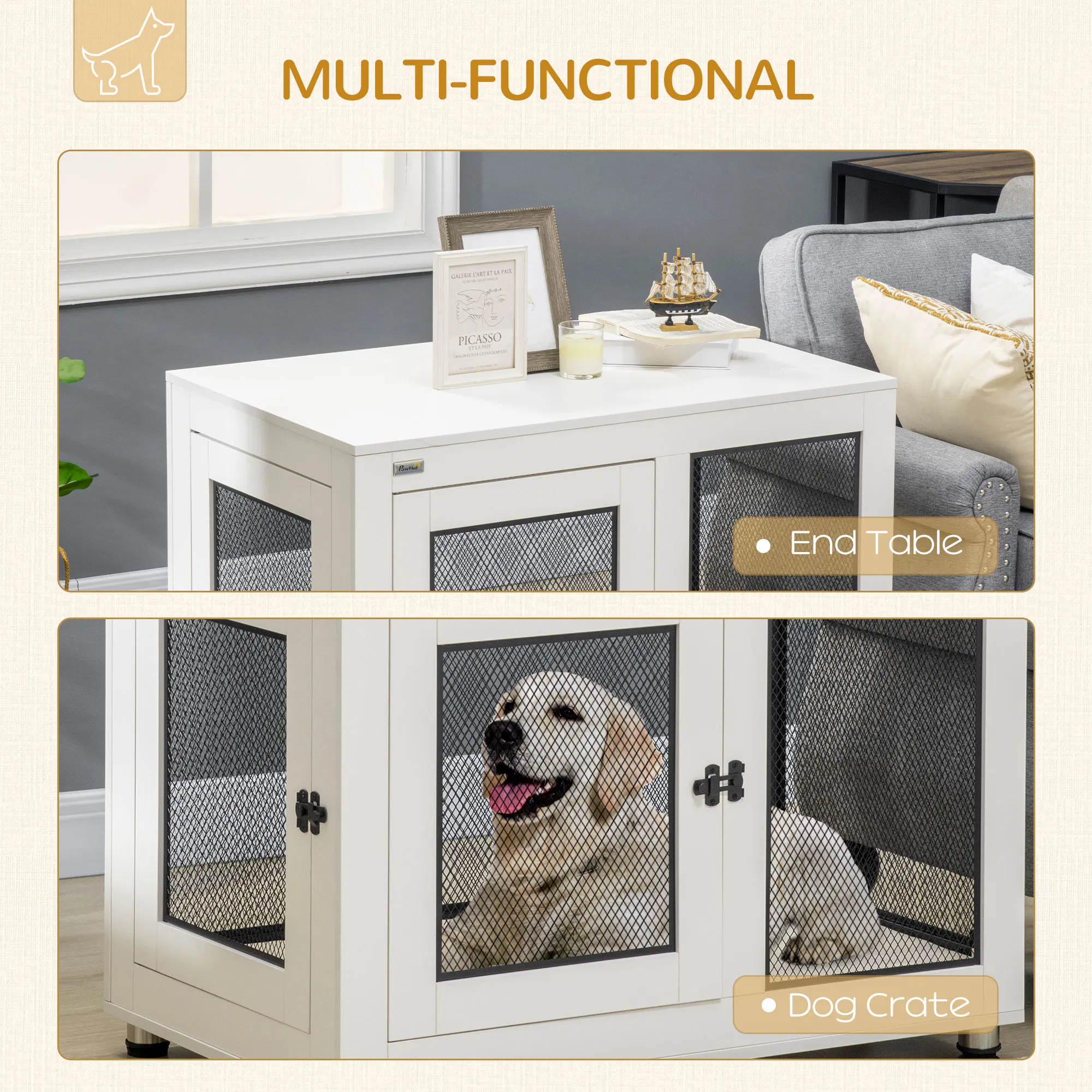 Pet Crate End Table with Water-resistant Cushion or Large Medium Dogs, White photo 4