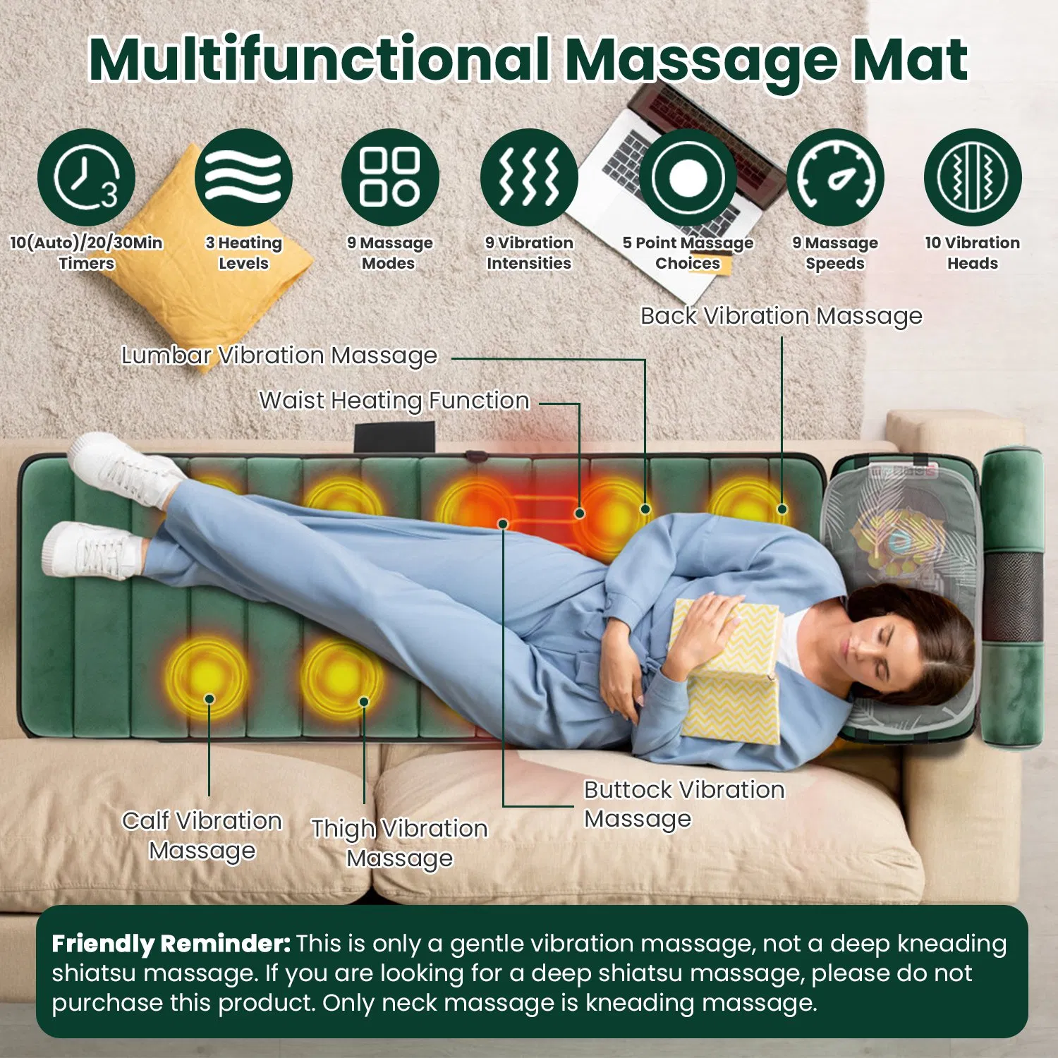 Full Body Massage Pad with Separable Shiatsu Neck & Foot Massagers, Adjustable Inflatable Waist Pillow 3 Heat Levels Custom Vibration Settings Foldable Design with Carry Bag photo 3