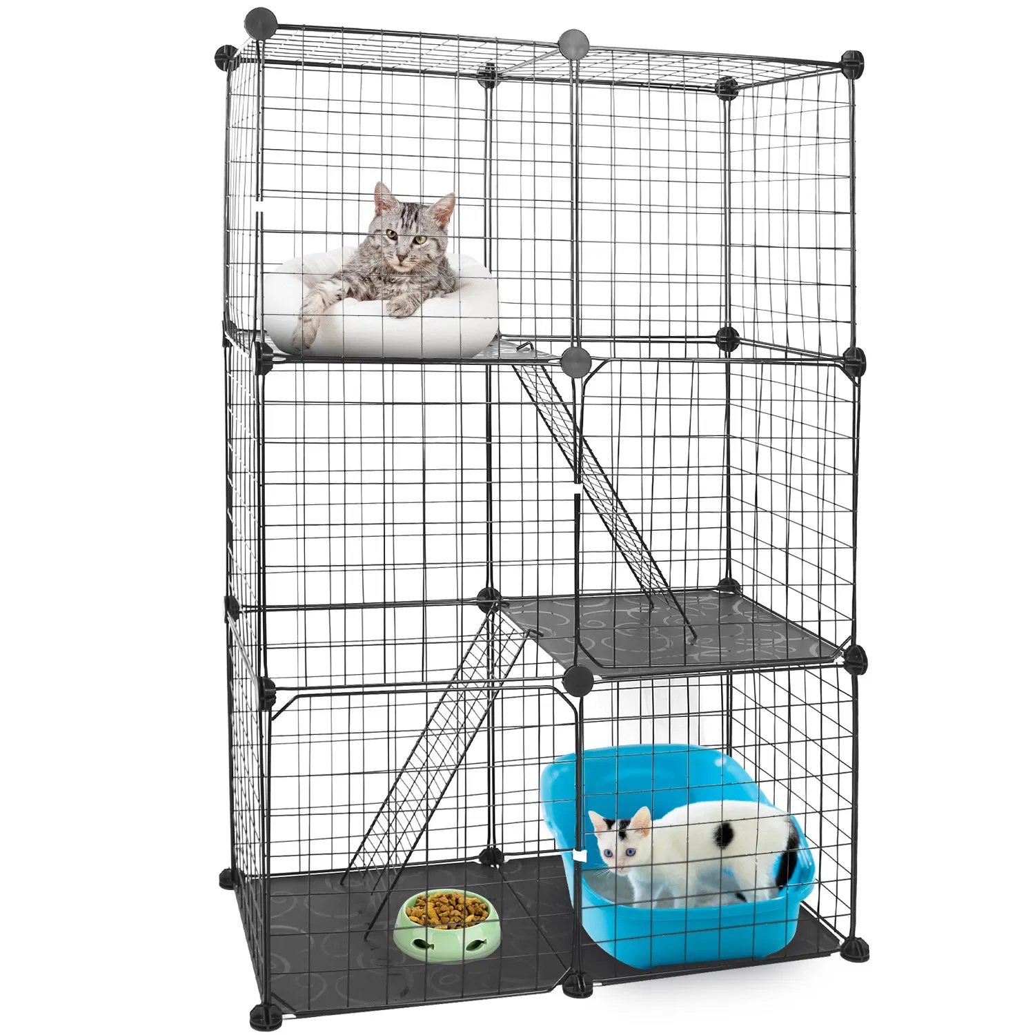 3 Tier Cat Playpen Cage Metal Indoor Cat House Detachable Kitten House with 3 Doors 2 Ladders Large Cat Exercise Place for 1-2 Cats Black photo 7