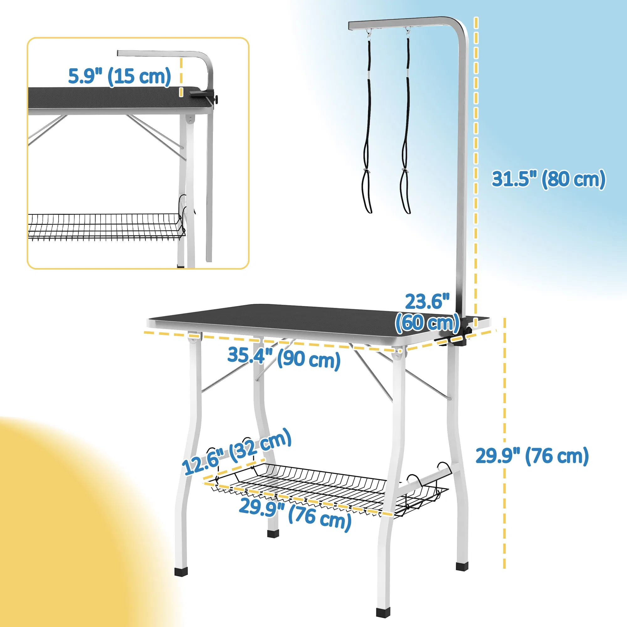 Dog Grooming Table w/ Adjustable Arm, Mesh Tray, Two Nooses, Rubber Surface, 35" x 24" x 61", Black photo 2