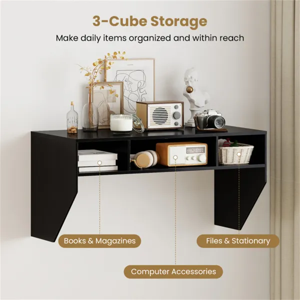 Black Wall-Mounted Floating Computer Desk with 3-Cube Storage, Sturdy Wooden Workstation for Home Office photo 2