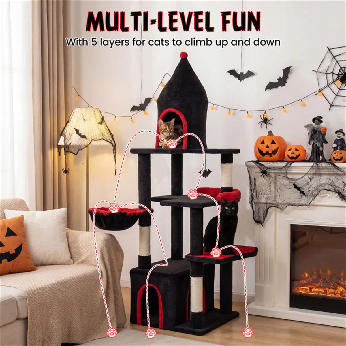 Gothic 5-Level Cat Tree 63" Tall with Sisal Scratching Posts Black Red Cat Tower photo 2