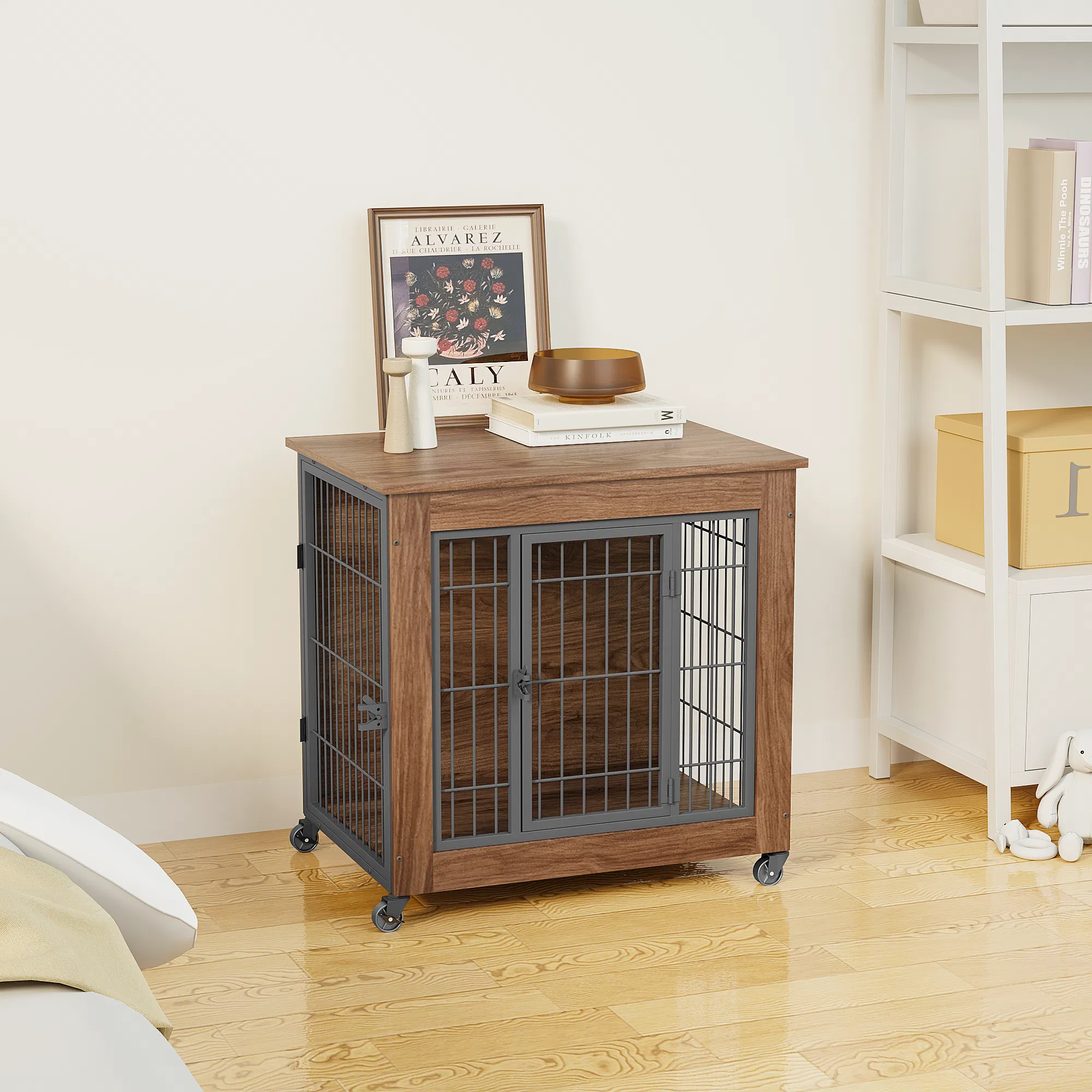27.2" Dog Crate Furniture with Wheels for Small Dogs, Heavy Duty Dog Kennel Indoor with 2 Doors, Wooden Pet Cage End Table, Double-Doors Sturdy Metal Dog Cage for Anxiety Dog photo 6