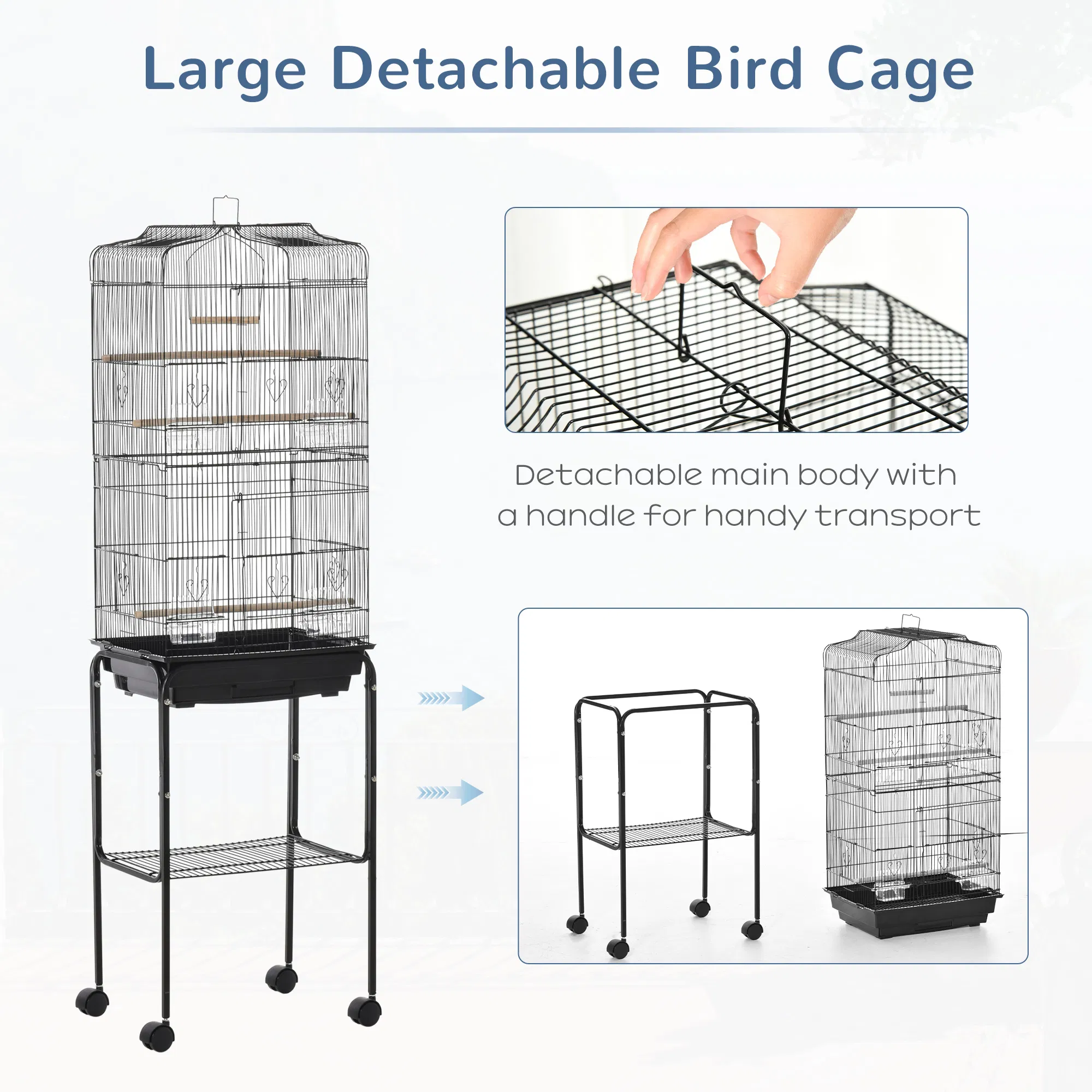 62" Rolling Bird Cage Cockatoo House Play Top Finch Pet Supply with Storage Shelf, Wheels - Black photo 6