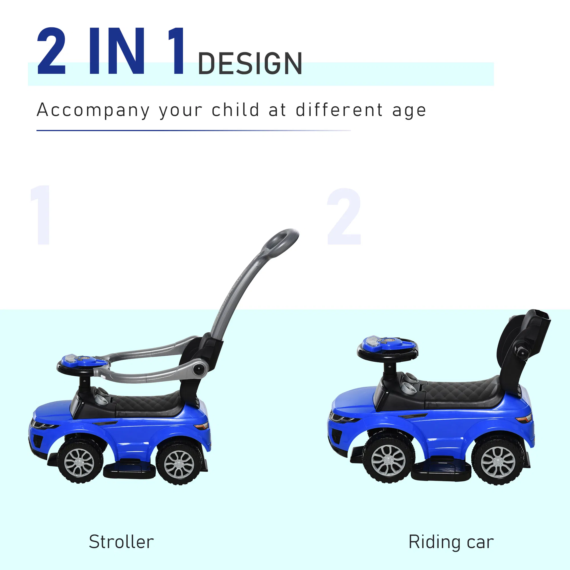 2 In 1 Kid Ride on Push Car Stroller Sliding Ride on Car with Horn Music Light Function Secure Bar Ride on Toy for Boy Girl Toddlers 1-3 Years Old Blue photo 2