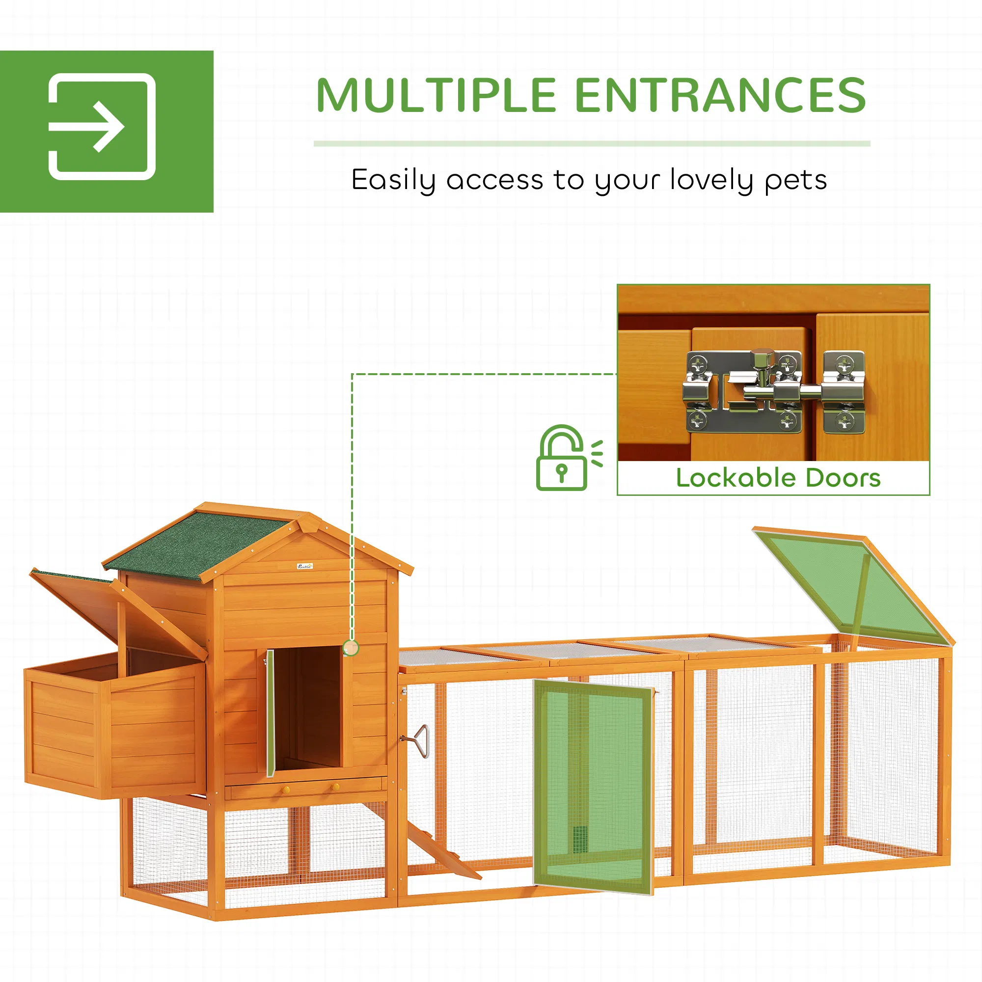 117" Extra Large Chicken Coop with Asphalt Roof, Wooden Hen House with Slide-out Tray, Quail Hutch with Nesting Box, Orange photo 5