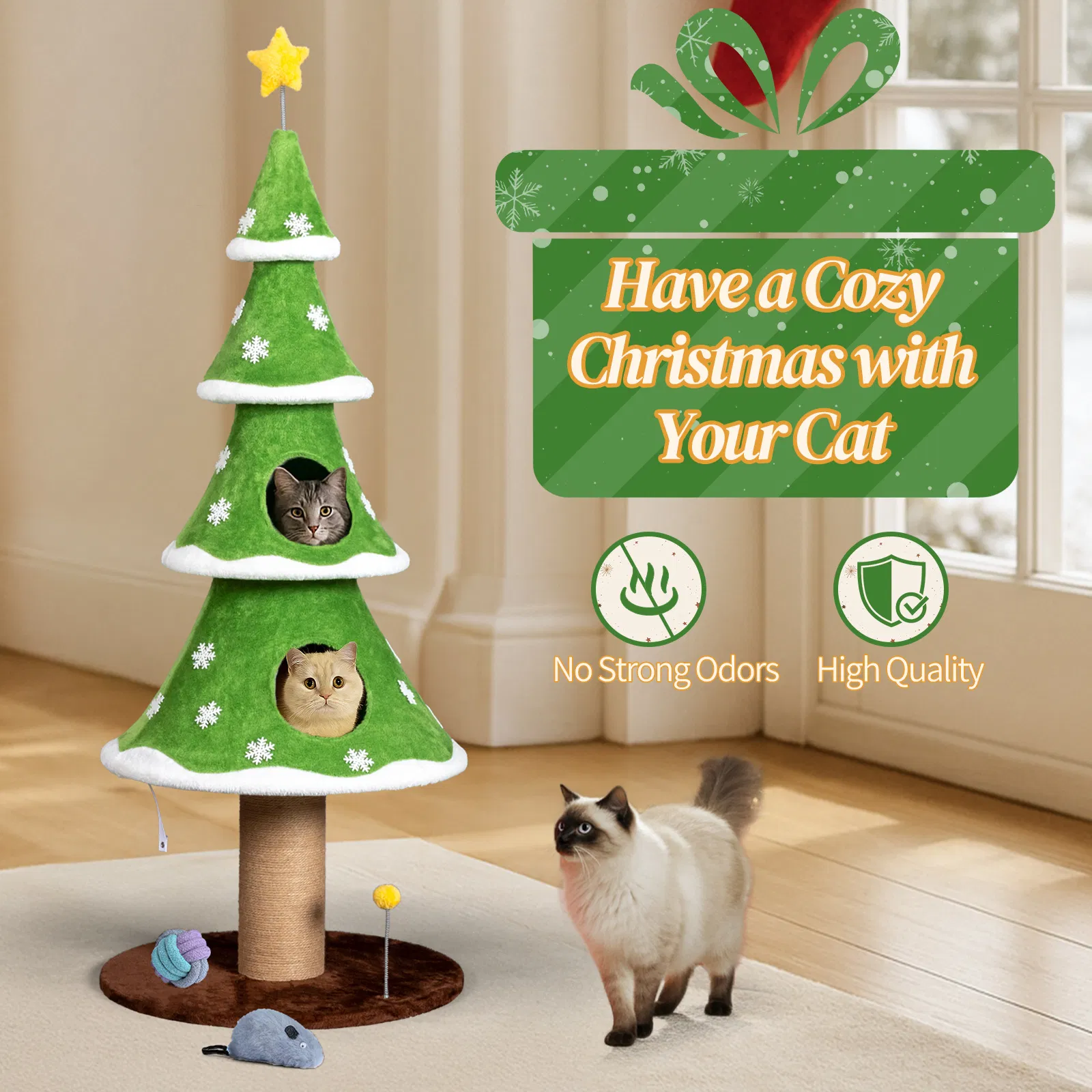 59in Large Tall Christmas Tree Cat Tower with 2 Cat Condos & Scratching Post, Soft Fleece Cat Tree with Teaser Toy & Sturdy Base & Built-in Openings for Indoor Cats, Green & White photo 2