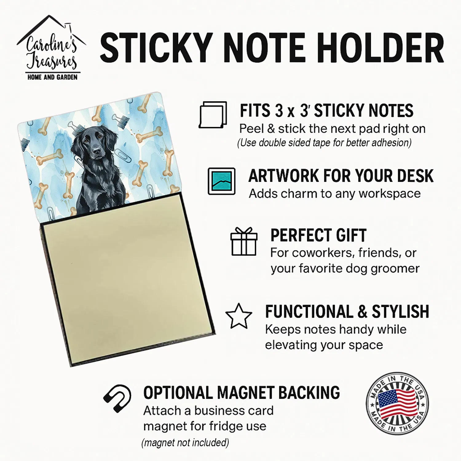 Black Flat-Coated Retriever Coworker Watercolor Sticky Note Holder Refillable Dispenser Desk Accessory 3x3 Pad Gift photo 2