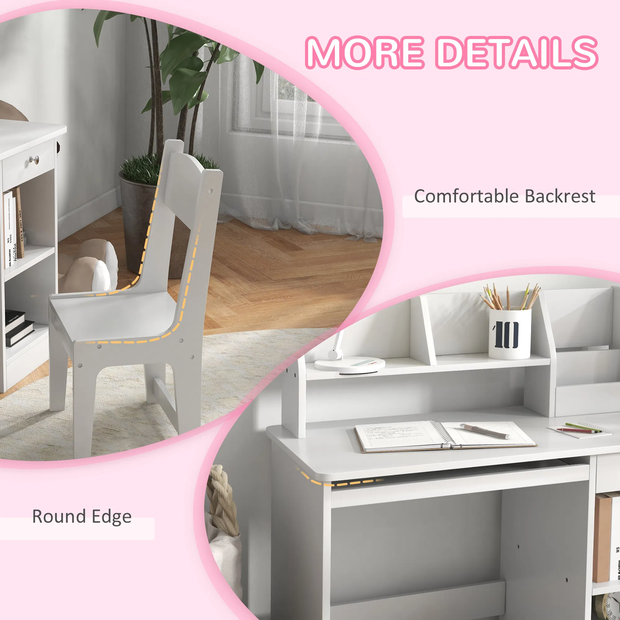 Kids Desk and Chair Set for 5-8 Year Old with Storage, Study Table and Chair for Children, White photo 5