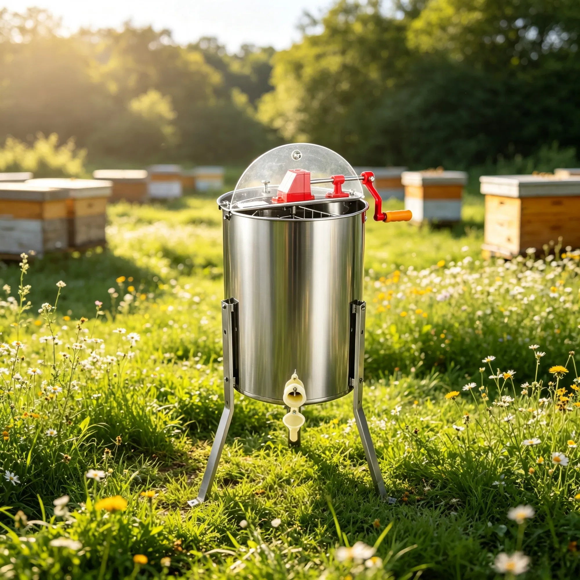 3-Frame Manual Honey Extractor, Stainless Steel Beekeeping Honey Spinner with Adjustable Stand & Lid photo 5