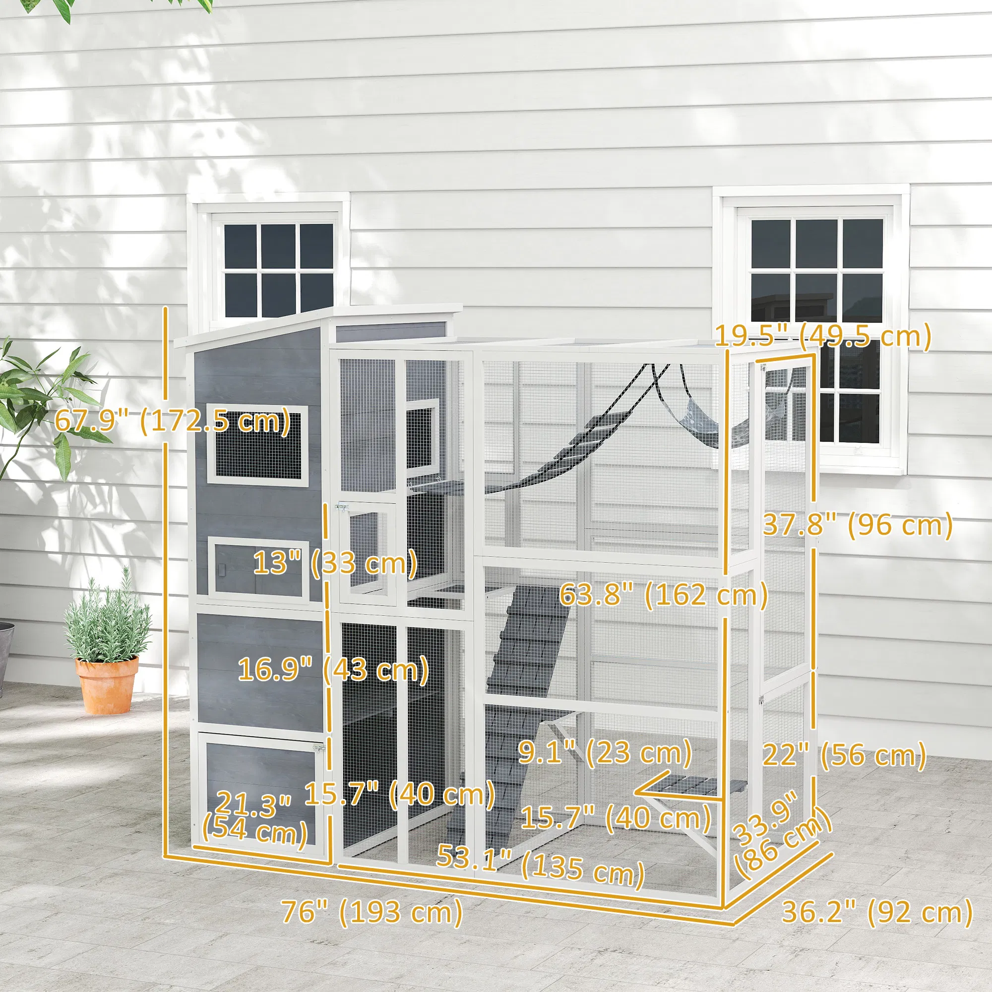 76" Catio Outdoor Cat Enclosure with Cat Condo, Jumping Platforms, Ladder, Ramps, Hammock for 2-3 Indoor Cats, Grey photo 6