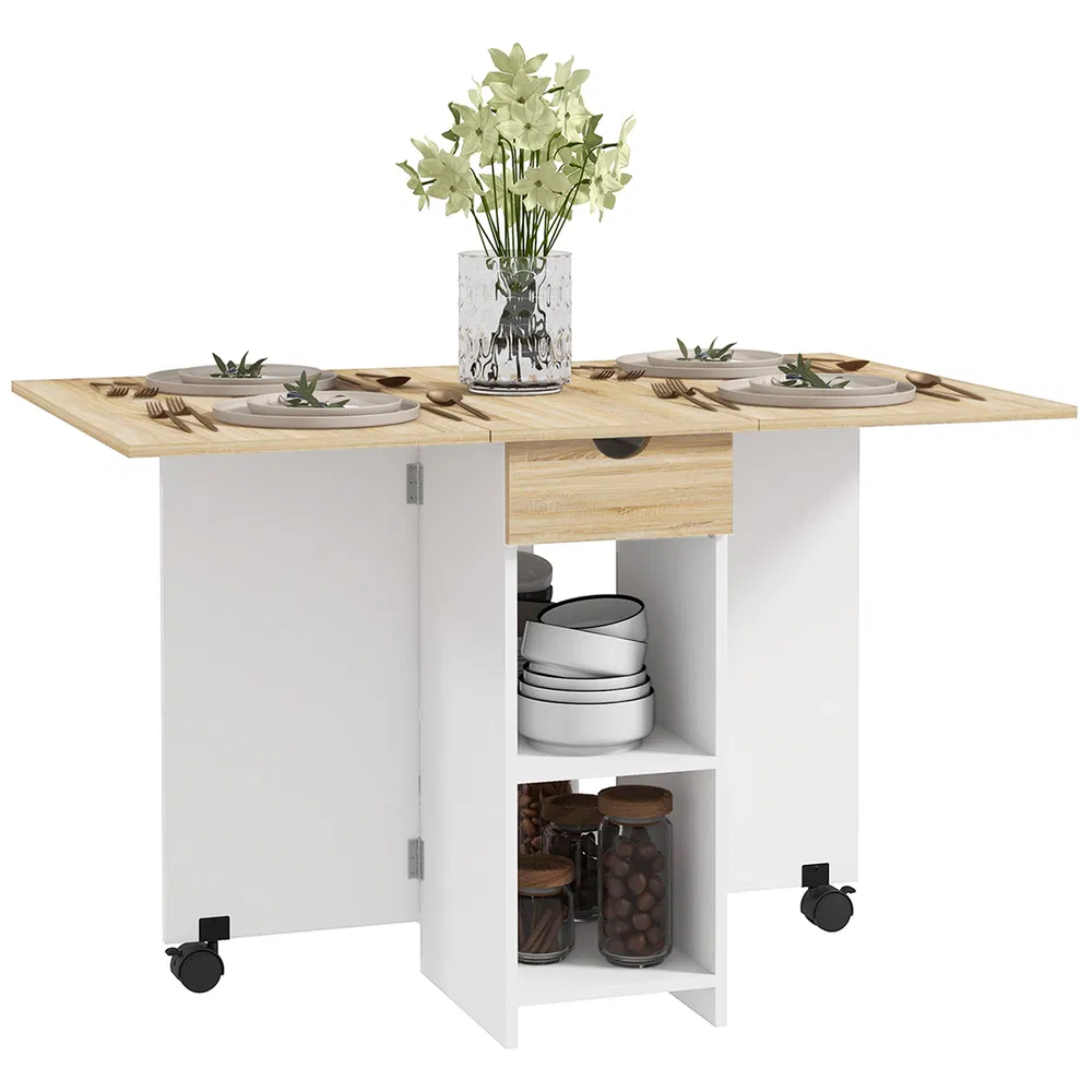 Folding Dining Table, Space Saving Drop Leaf Table with Drawer and Storage Shelves for Kitchen, Dining Room, Oak photo 7