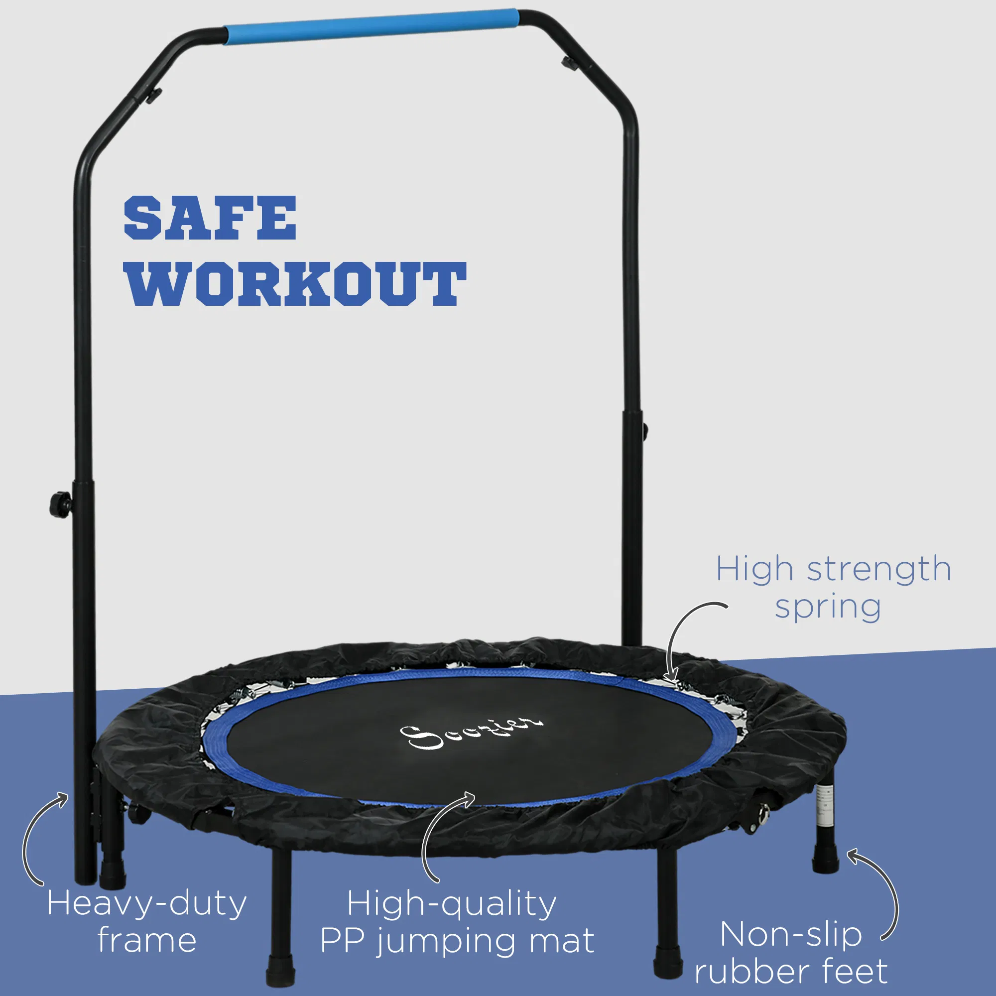 40" Foldable Mini Fitness Trampoline, with Adjustable Foam Handle, Blue photo 5