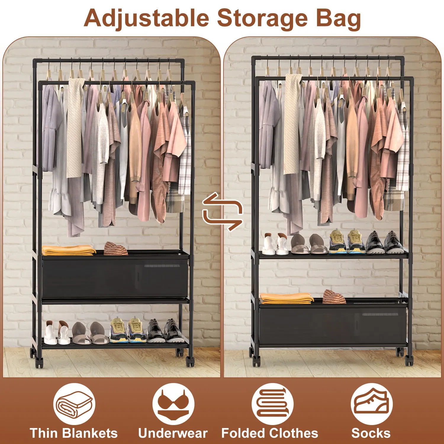 3 Tiered Portable Clothing Rack For Bedroom Entryway Double Hanging Rods Sturdy Iron Garment Rack With Double Hanging Rods Adjustable Storage Bag Quiet Wheels photo 2