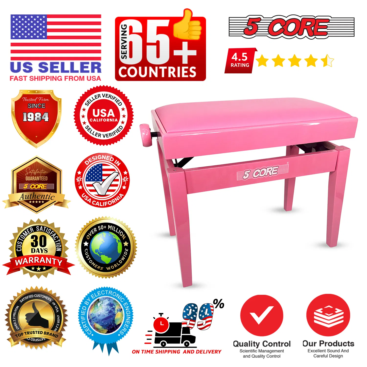 5 Core Adjustable Piano Bench Thick 3.25" Solid Wood Keyboard Stool Heavy Duty Musician Chair photo 3