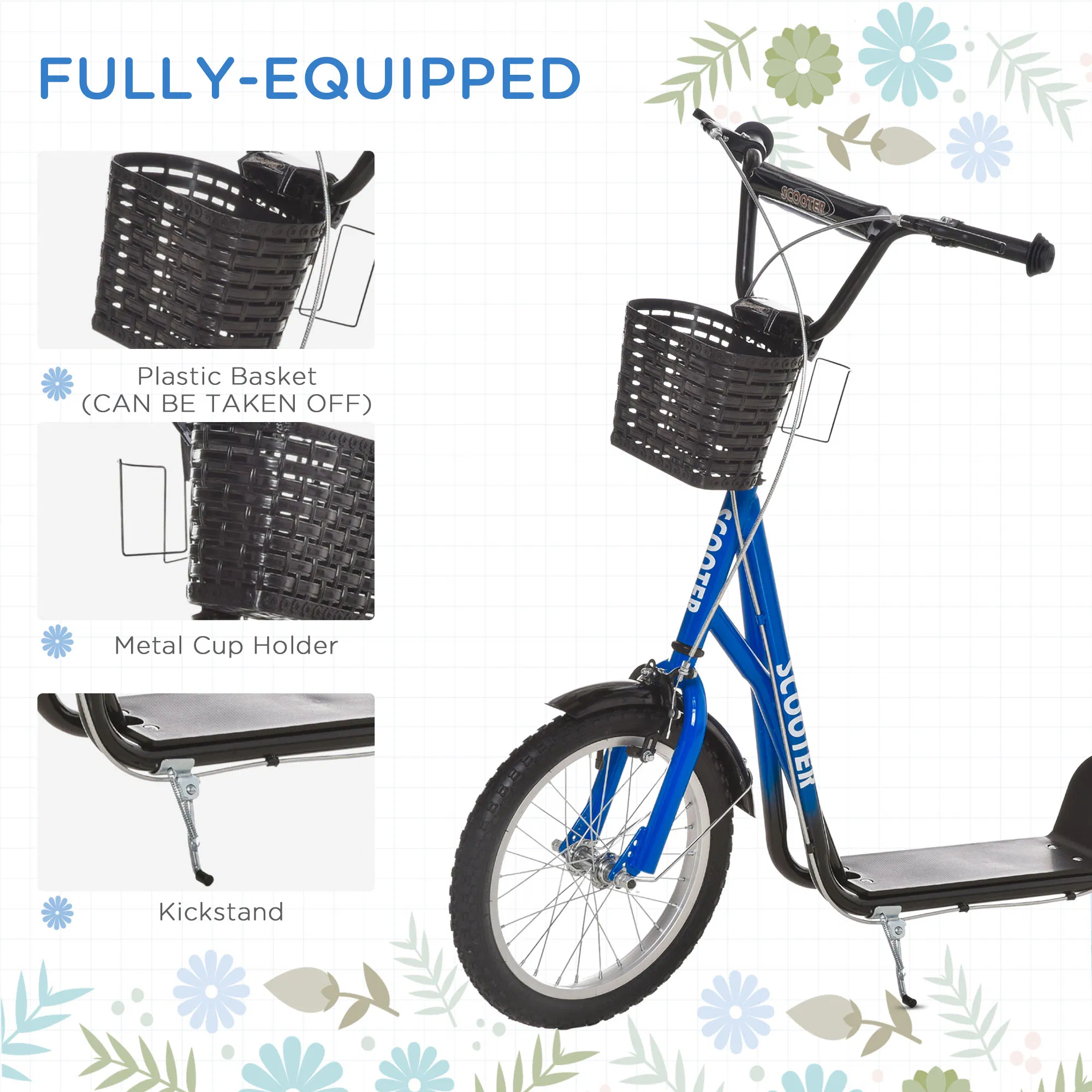 Kick Scooter with Adjustable Handlebar, Kids Scooter with 2 Brakes Basket Cupholder 16" Inflatable Rubber Tyres Blue photo 4