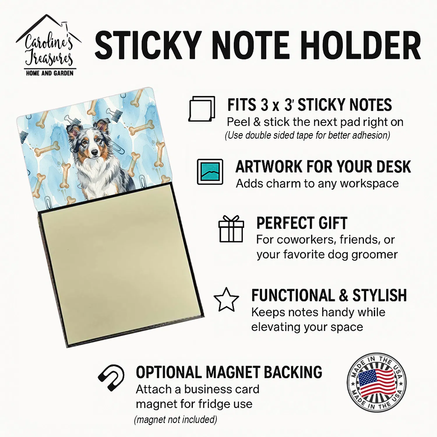 Blue Merle Border Collie Coworker Watercolor Sticky Note Holder Refillable Dispenser Desk Accessory 3x3 Pad Gift photo 3