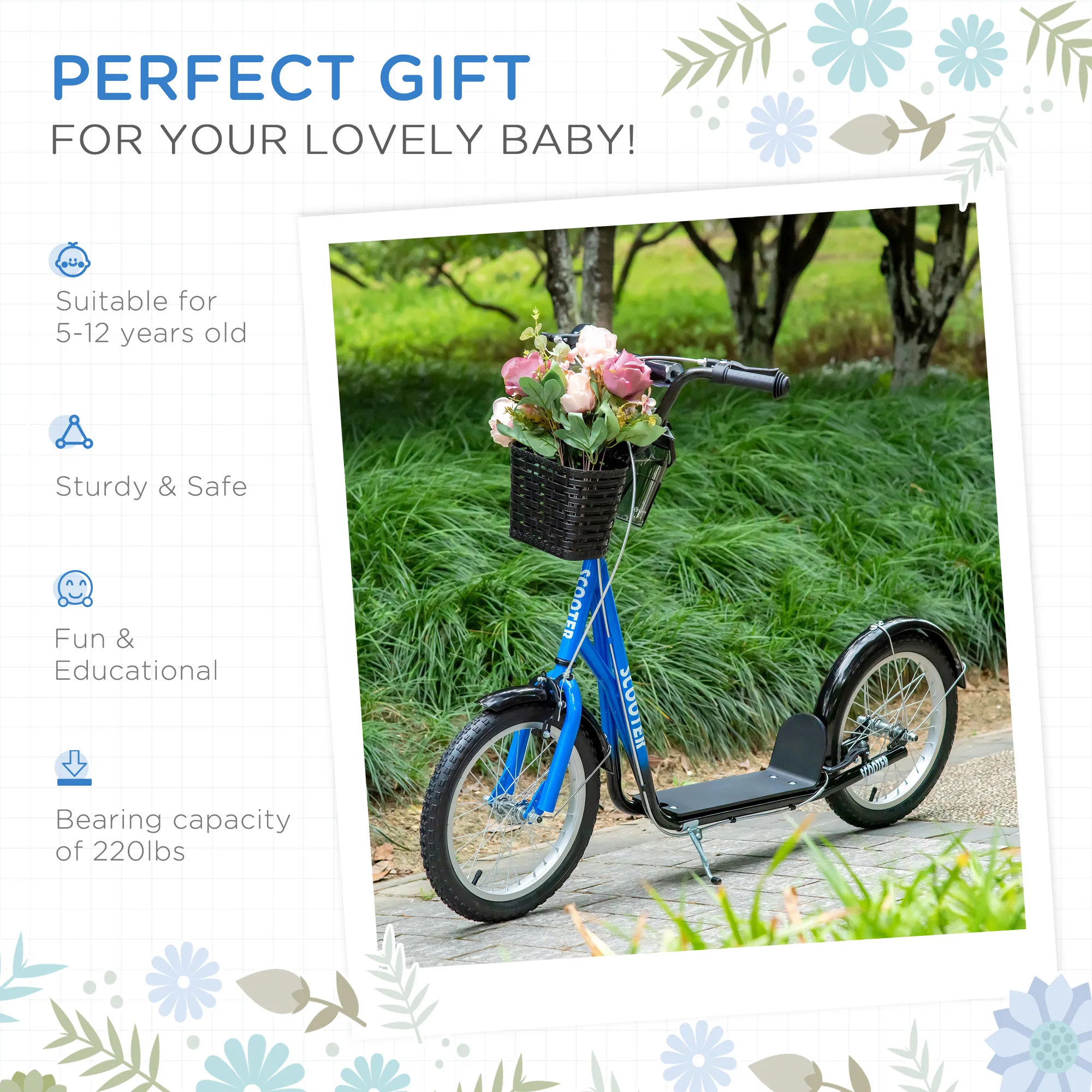 Kick Scooter with Adjustable Handlebar, Kids Scooter with 2 Brakes Basket Cupholder 16" Inflatable Rubber Tyres Blue photo 6