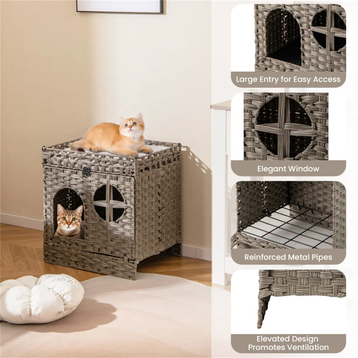 2-Tier Wicker Cat Condo with Litter Mat - Hidden Litter Box Enclosure, Detachable Washable Cushion, Gray Rattan photo 7