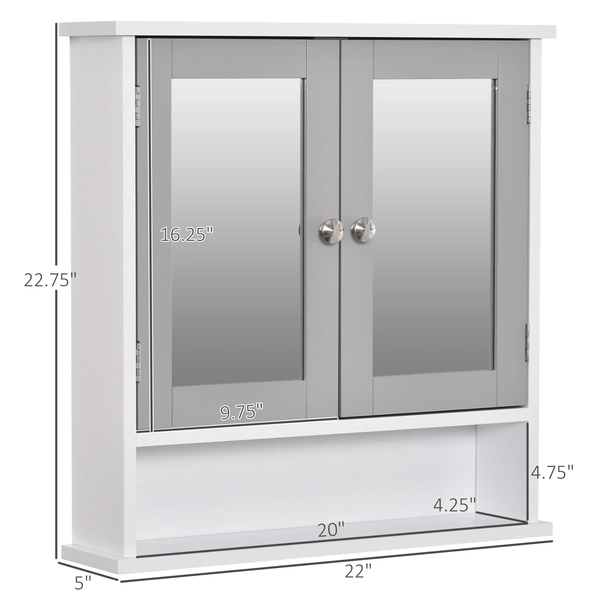 Medicine Cabinet, Wall-Mounted Bathroom Mirror Cabinet with Double Doors, Open Shelf, and Adjustable Shelf, Modern Bathroom Wall Cabinet, White and Grey photo 3