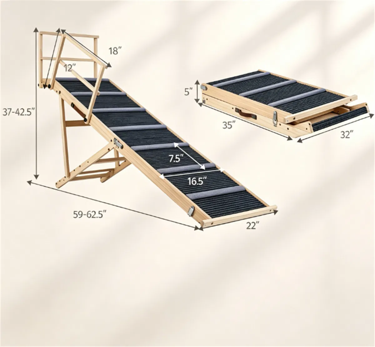 6-Level Adjustable Foldable Pet Ramp , Solid Pine Wood Non-Slip Dog Stairs with Side Rails, 145 lbs Heavy Duty Pet Step for Senior Dogs & Pets with Mobility Issues photo 5