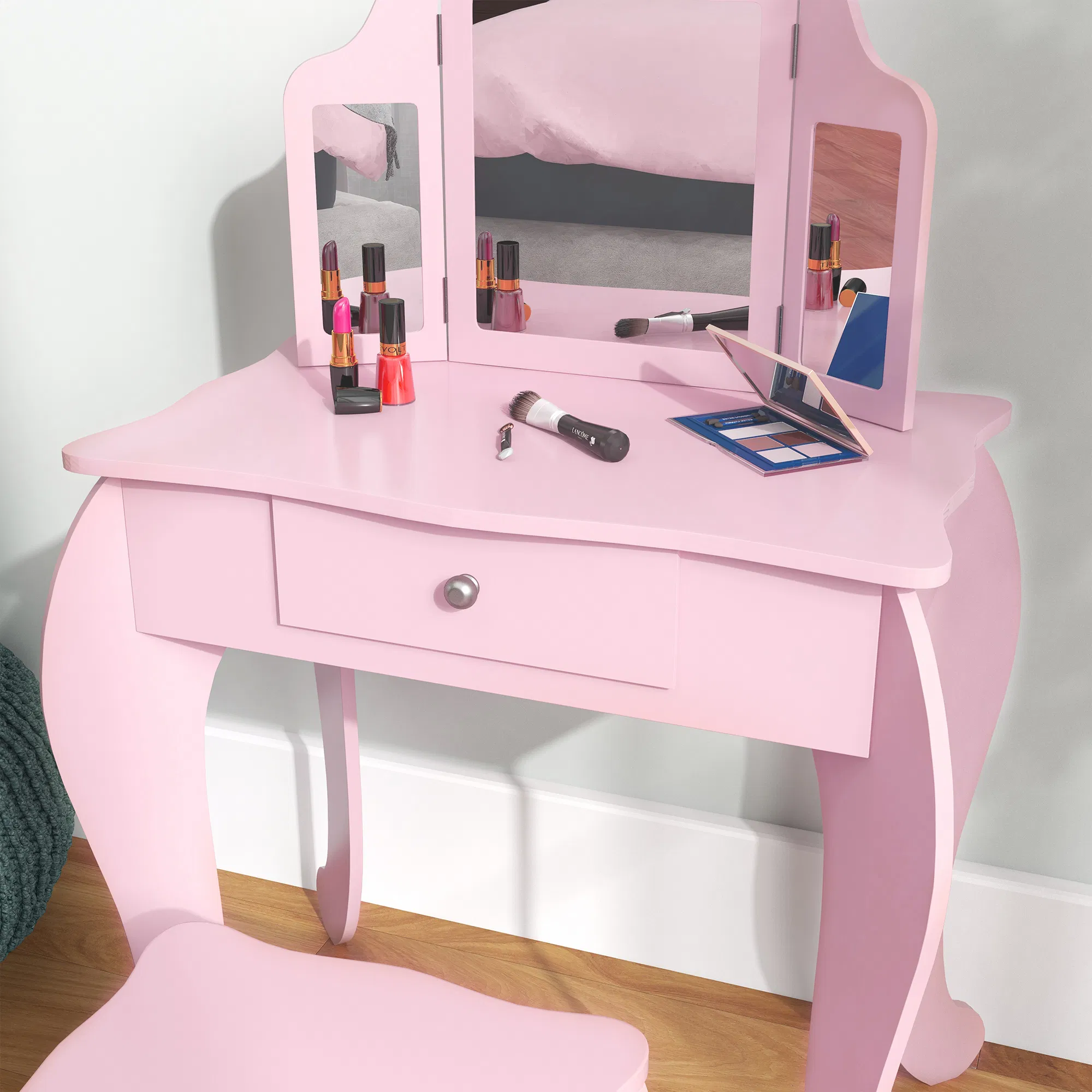 Kids Vanity Table and Stool, Makeup Vanity Girls Dressing Table Set with Tri-folding Mirrors Drawer Star and Heart Pattern, Pink photo 4
