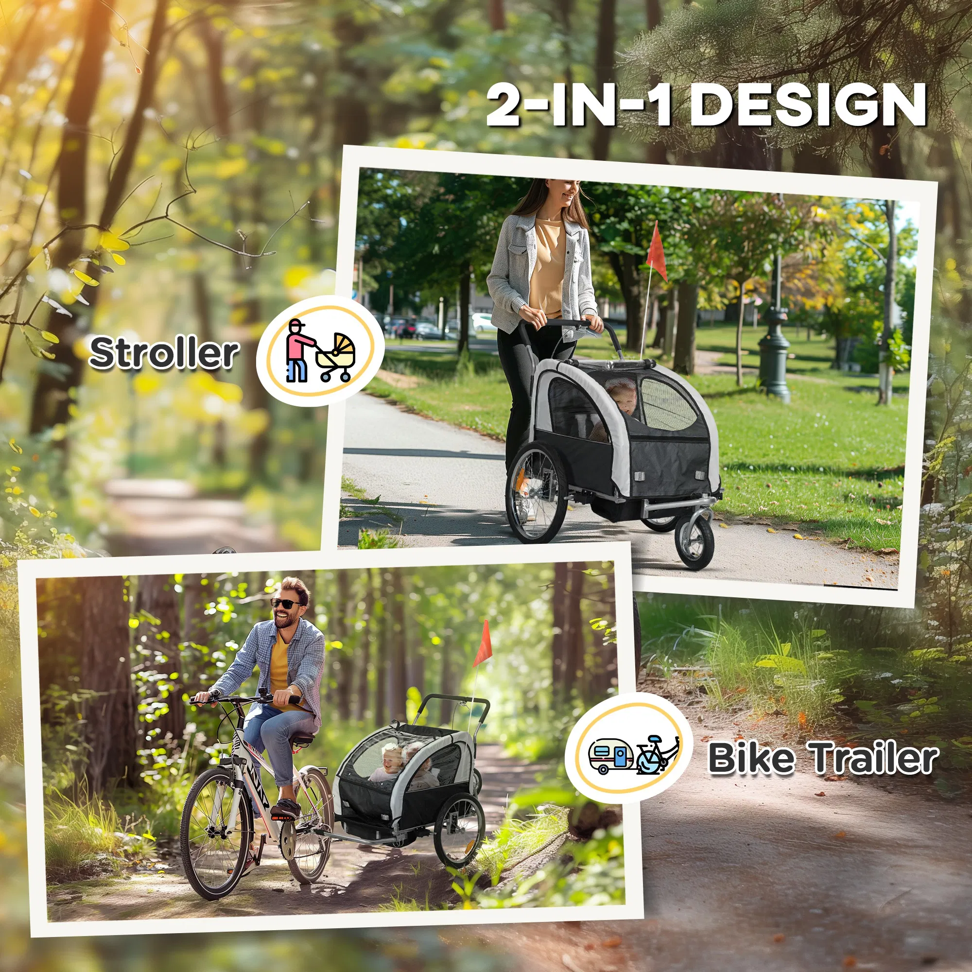 2-in-1 Bike Trailer for Kids, Foldable 2-Seat Baby Stroller with 5-Point Harness, Rubber Wheels, Storage Bag, Black photo 6