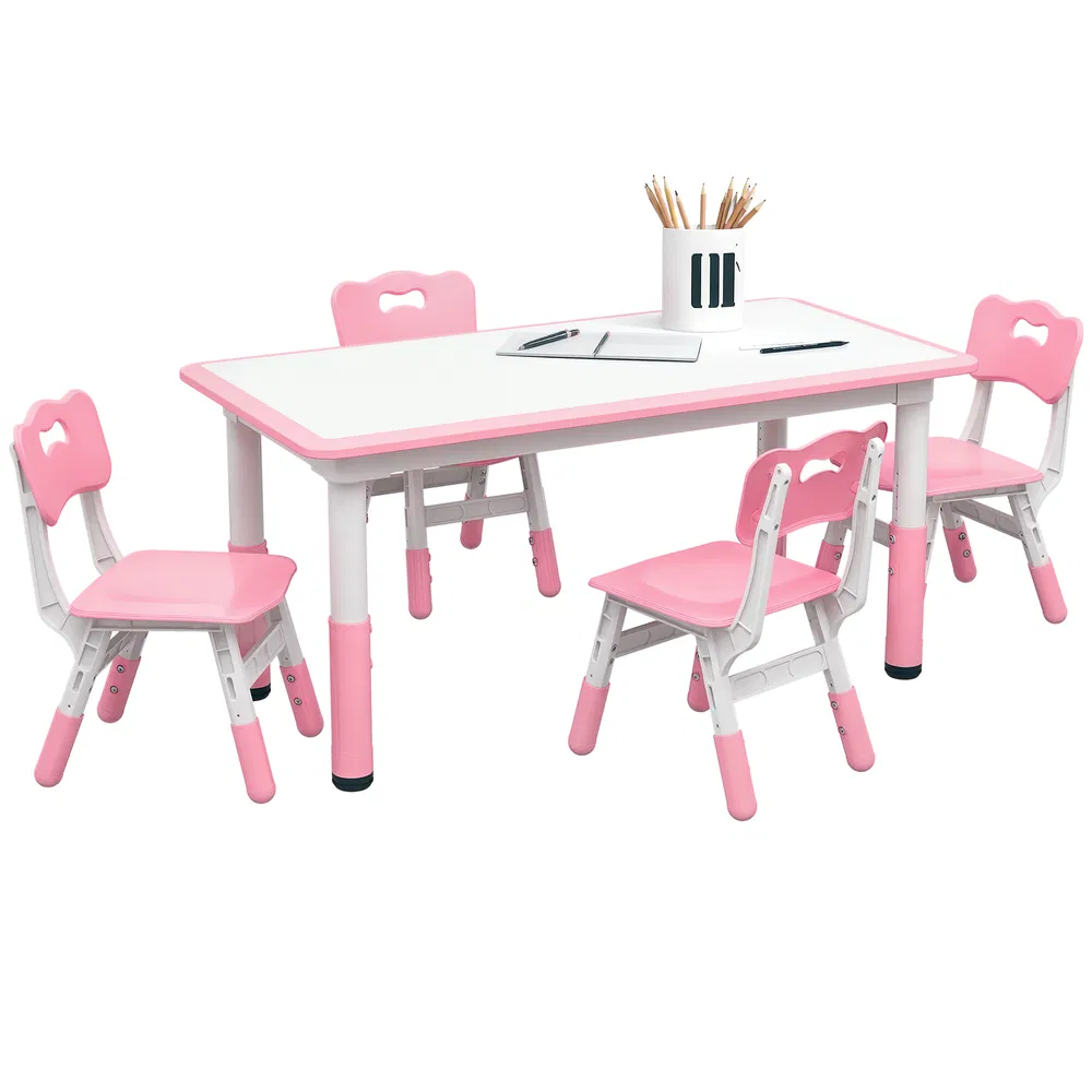 Kids Table and Chair Set with 4 Chairs, Adjustable Height, Easy to Clean, for 1.5 - 5 Years Old, Pink photo 7