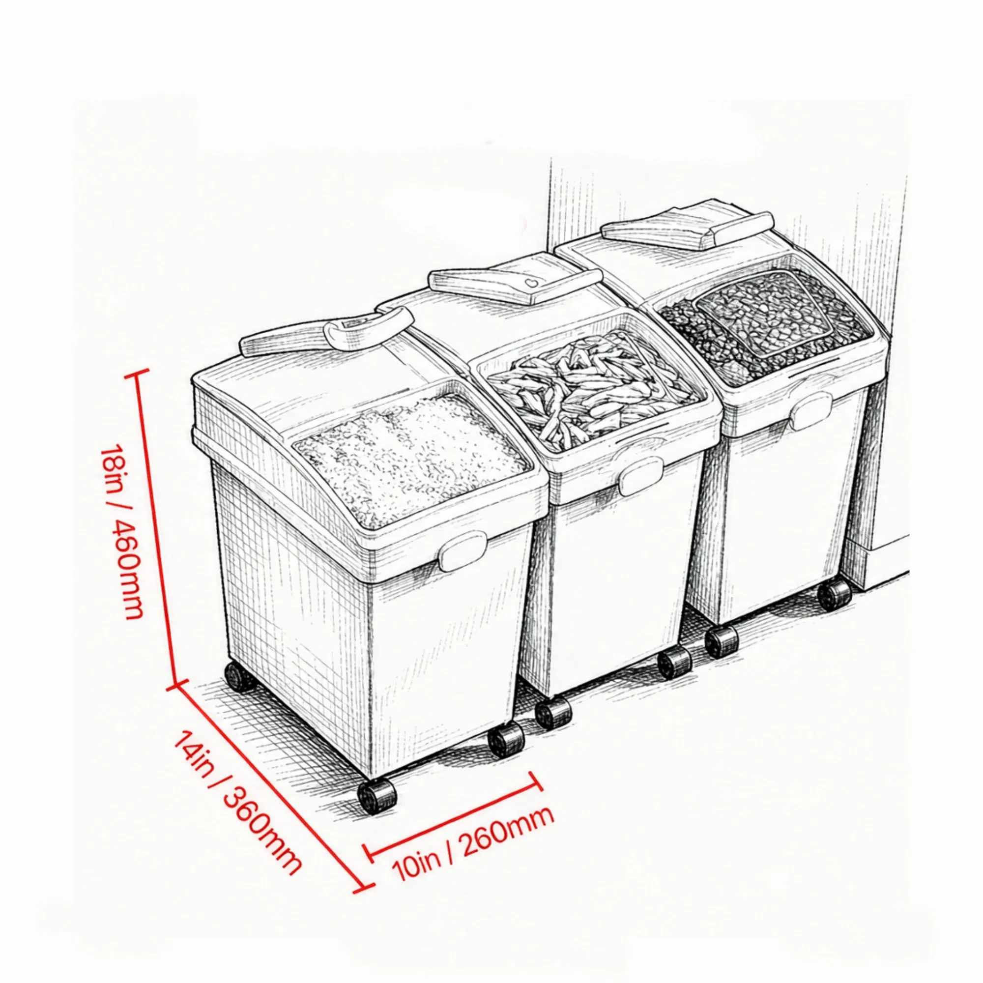 3-Pack 25L Large Rice Storage Container, Airtight Dog Food Dispenser Bin with Wheels & 3 Scoops, Kitchen Grain Cereal Flour Organizer photo 7
